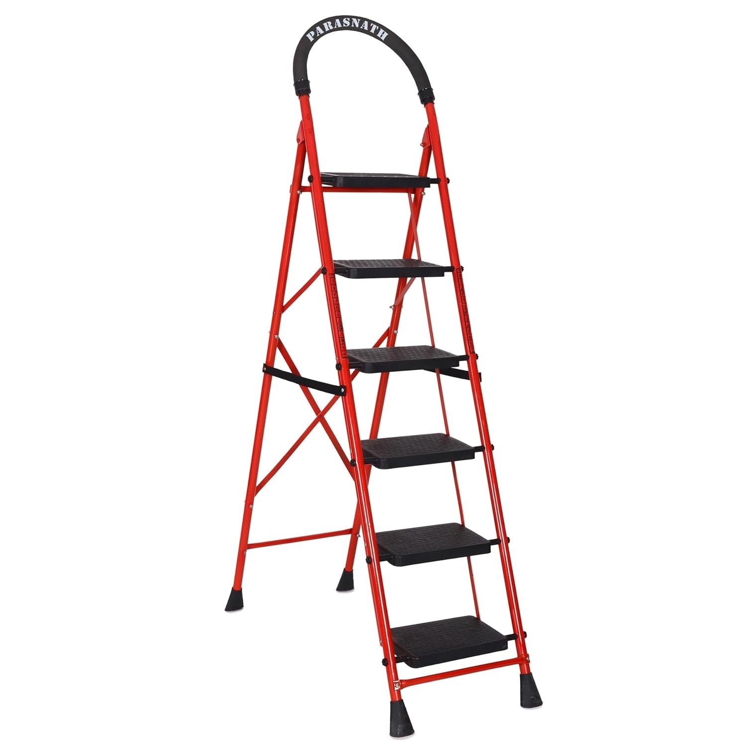 Parasnath GoUp 6 Step Foldable Steel Red Step Ladder – Heavy-Duty and Lightweight Step Ladder with Anti-Skid Wide Plastic Steps, Safety Handle, High Reach Platform for Home, Kitchen, Office, Warehouse Use - 6 Year Manufacturer Warranty - Made in India - PARASNATH