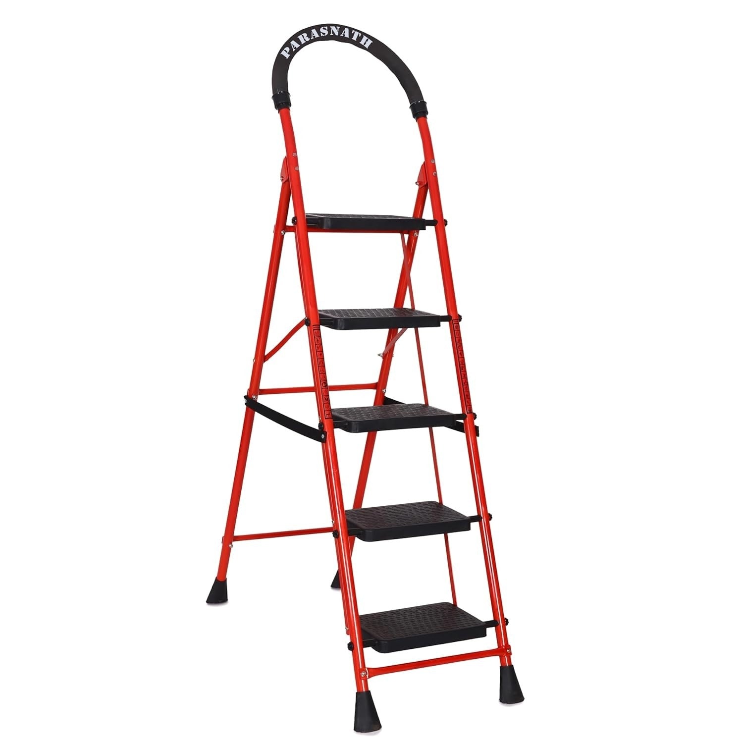 Parasnath GoUp 5 Step Foldable Steel Red Step Ladder – Heavy-Duty and Lightweight Step Ladder with Anti-Skid Wide Plastic Steps, Safety Handle, High Reach Platform for Home, Kitchen, Office, Warehouse Use - 6 Year Manufacturer Warranty - Made in India - PARASNATH