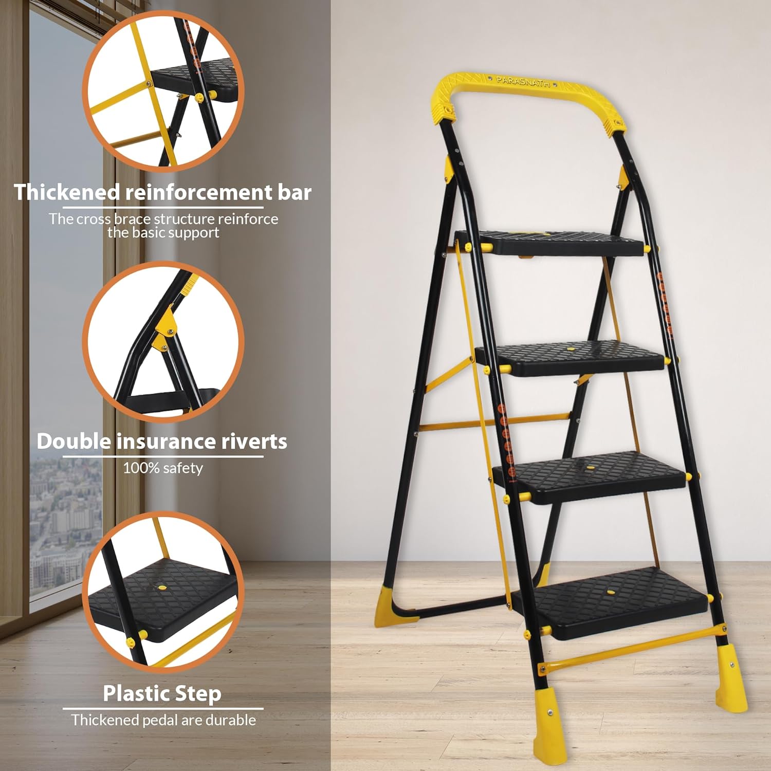 Parasnath 4 Step Yellow Diamond Mild Steel Foldable Ladder for Home - Wide Anti Skid Plastic Step Ladder for Extra Gripping 4.2 FT Ladder - Made in India - PARASNATH