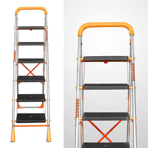 Parasnath 6 Step Orange Diamond Folding Ladder with Wide Steps 6 Steps 6.1 FT Ladder - Made in India - PARASNATH