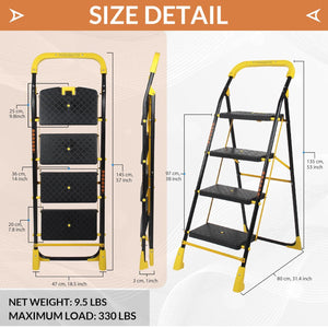 Parasnath 4 Step Yellow Diamond Mild Steel Foldable Ladder for Home - Wide Anti Skid Plastic Step Ladder for Extra Gripping 4.2 FT Ladder - Made in India - PARASNATH