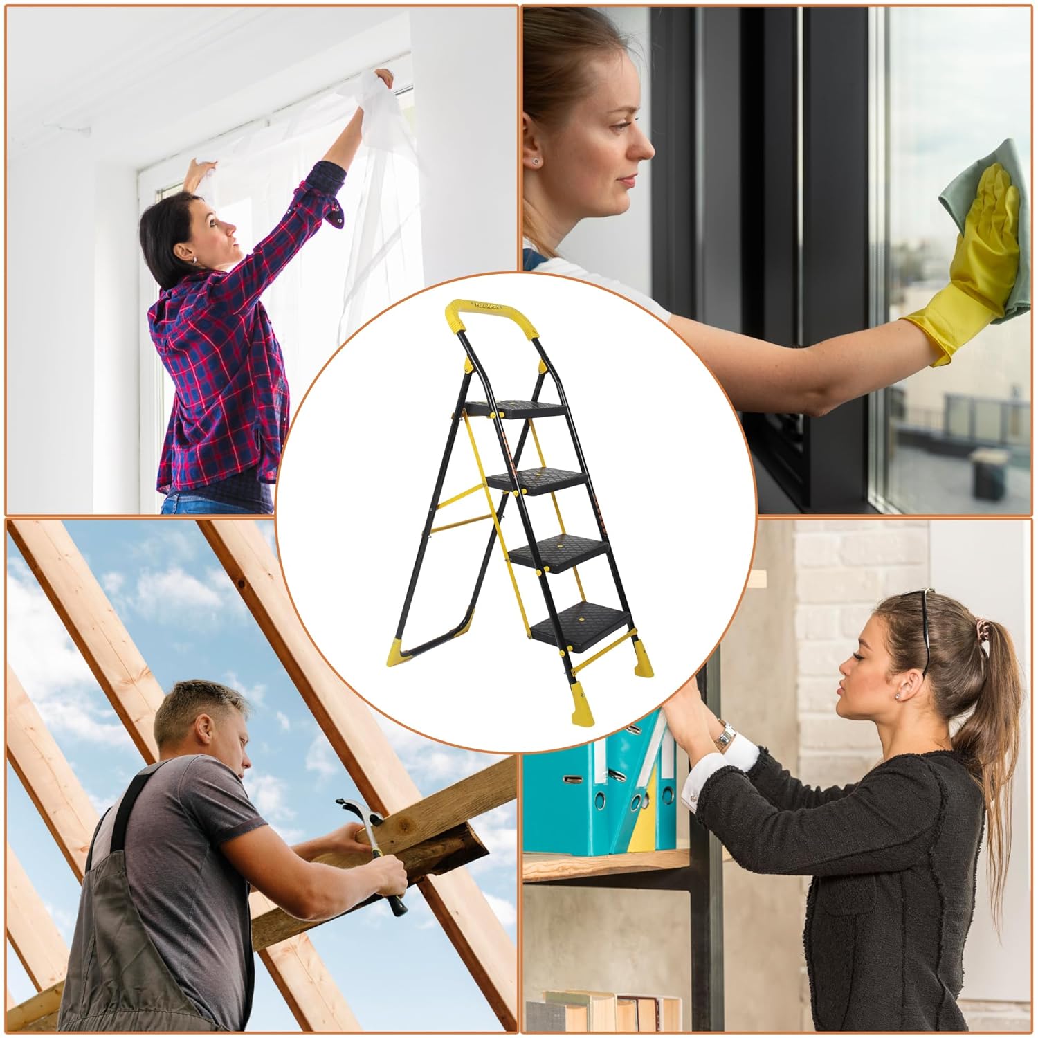 Parasnath 4 Step Yellow Diamond Mild Steel Foldable Ladder for Home - Wide Anti Skid Plastic Step Ladder for Extra Gripping 4.2 FT Ladder - Made in India - PARASNATH