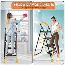 Load image into Gallery viewer, Parasnath 4 Step Yellow Diamond Mild Steel Foldable Ladder for Home - Wide Anti Skid Plastic Step Ladder for Extra Gripping 4.2 FT Ladder - Made in India - PARASNATH