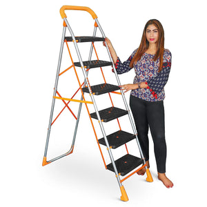 Parasnath 6 Step Orange Diamond Folding Ladder with Wide Steps 6 Steps 6.1 FT Ladder - Made in India - PARASNATH