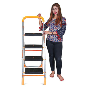 Parasnath 4 Step Orange Diamond Folding Ladder with Wide Steps 4 Steps 4.2 FT Ladder - Made in India - PARASNATH