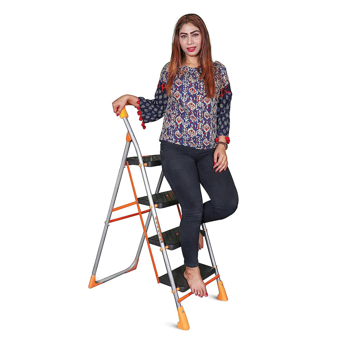 Parasnath 4 Step Orange Diamond Folding Ladder with Wide Steps 4 Steps 4.2 FT Ladder - Made in India - PARASNATH
