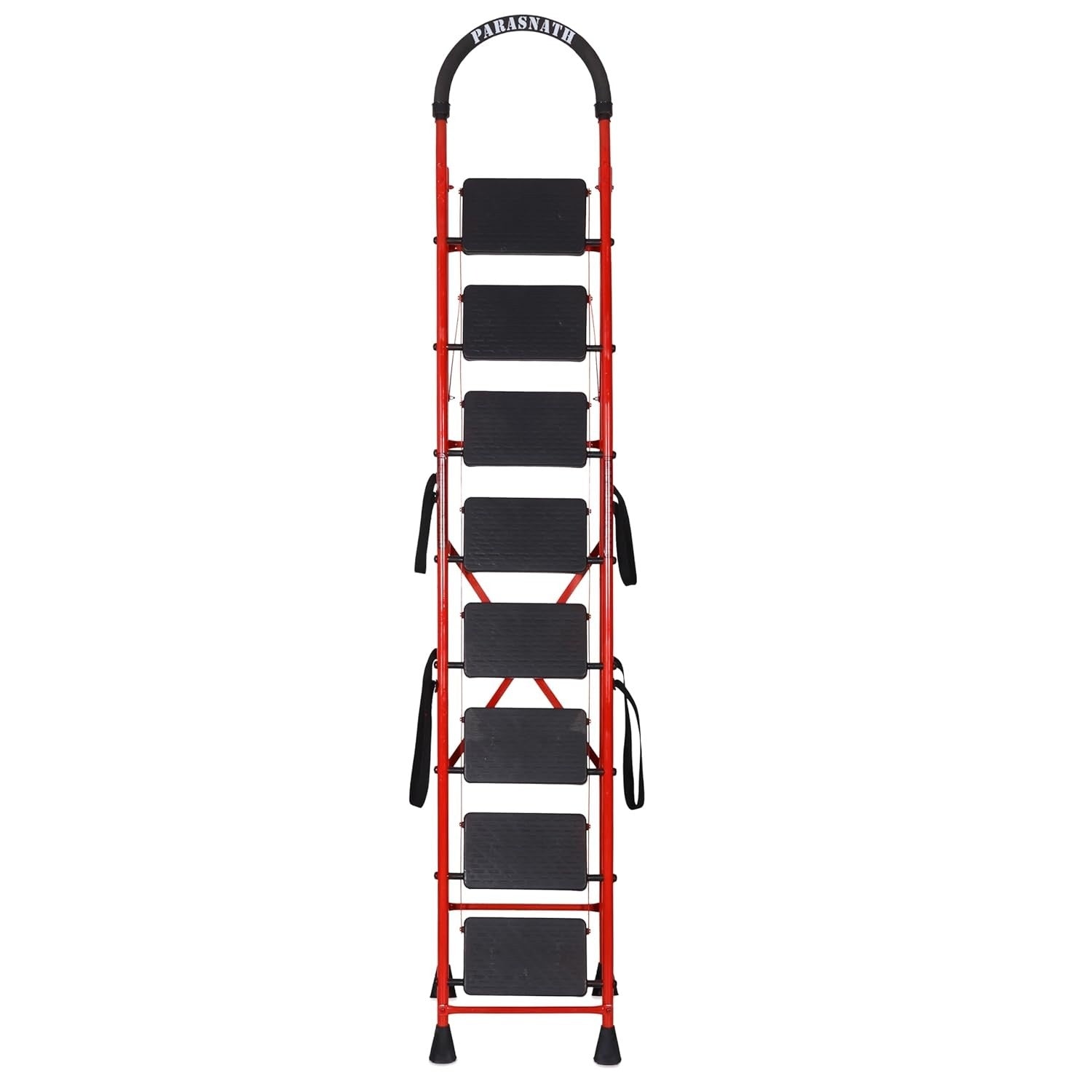 Parasnath GoUp 8 Step Foldable Steel Red Step Ladder – Heavy-Duty and Lightweight Step Ladder with Anti-Skid Wide Plastic Steps, Safety Handle, High Reach Platform for Home, Kitchen, Office, Warehouse Use - 6 Year Manufacturer Warranty - Made in India - PARASNATH