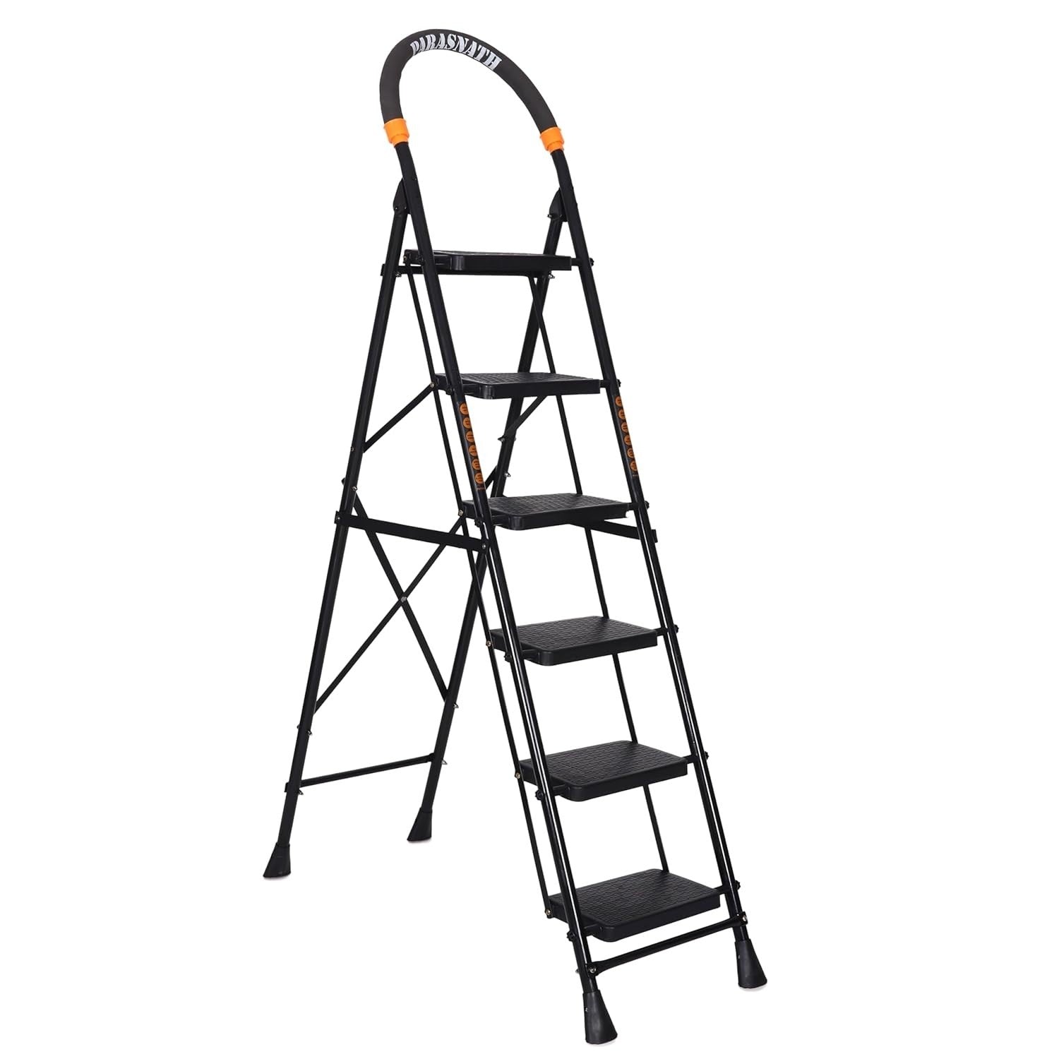 Parasnath GoUp 6 Step Foldable Steel Black Step Ladder – Heavy-Duty and Lightweight Step Ladder with Anti-Skid Wide Plastic Steps, Safety Handle, High Reach Platform for Home, Kitchen, Office, Warehouse Use - 6 Year Manufacturer Warranty - Made in India - PARASNATH