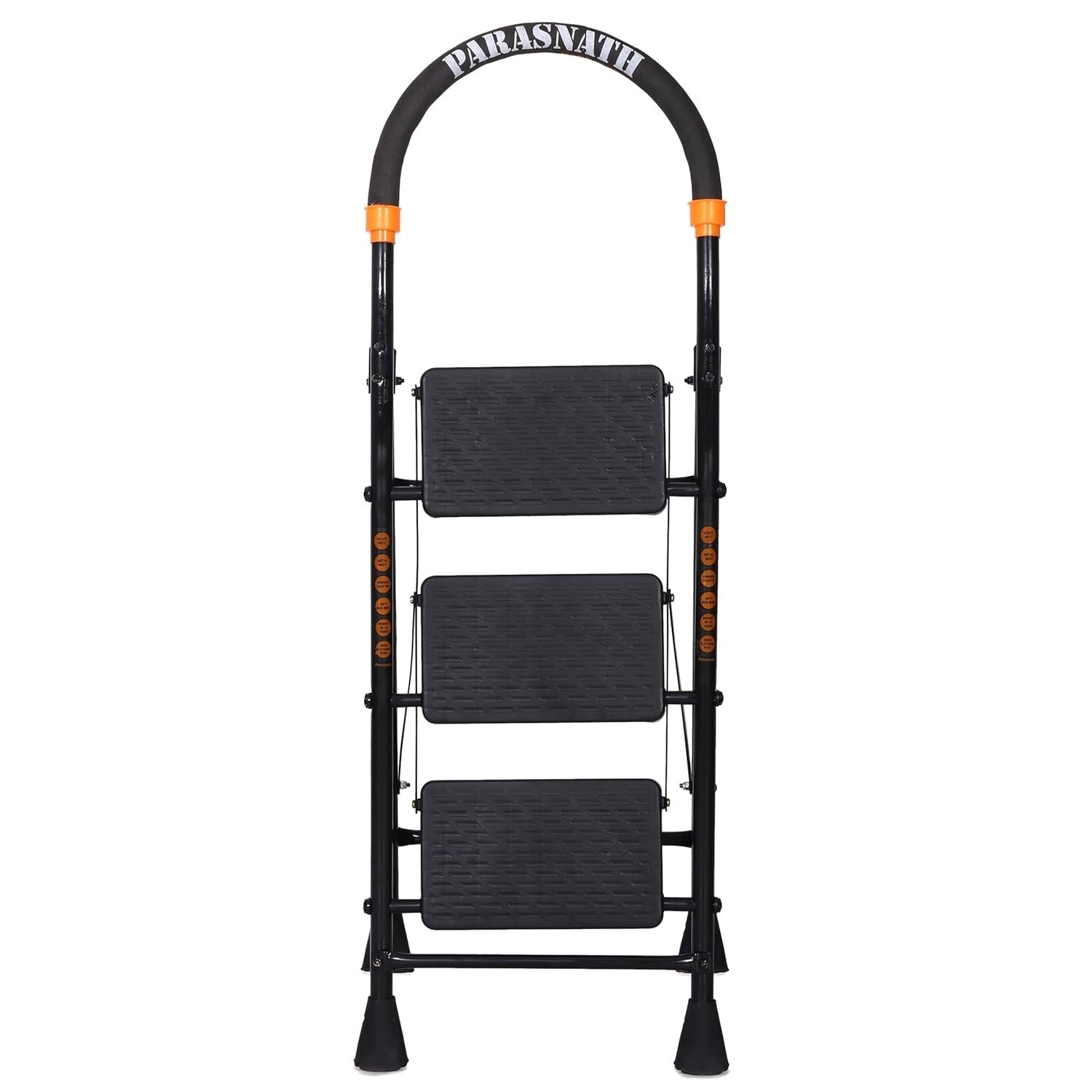 Parasnath GoUp 3 Step Foldable Steel Black Step Ladder – Heavy-Duty and Lightweight Step Ladder with Anti-Skid Wide Plastic Steps, Safety Handle, High Reach Platform for Home, Kitchen, Office, Warehouse Use - 6 Year Manufacturer Warranty - Made in India - PARASNATH