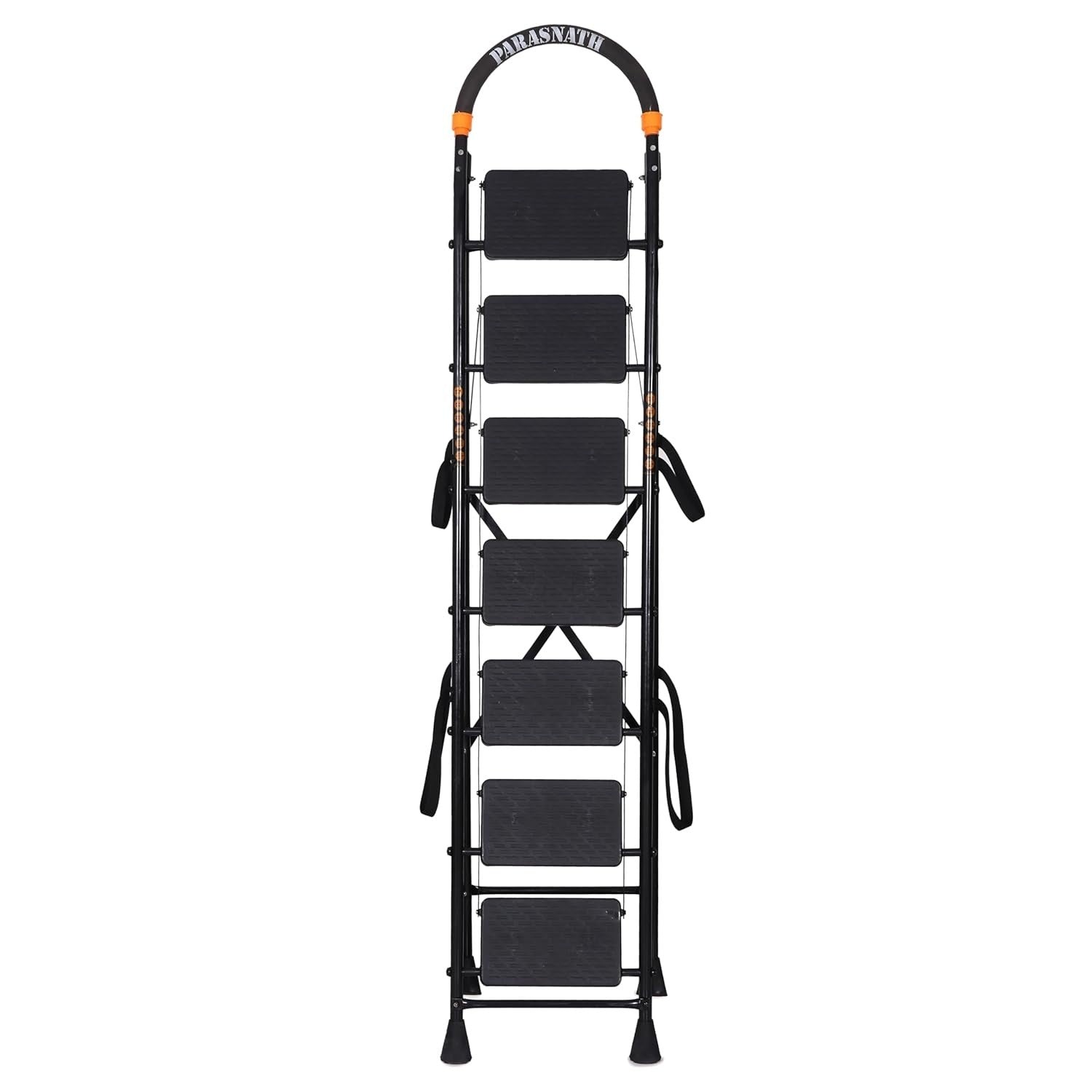 Parasnath GoUp 7 Step Foldable Steel Black Step Ladder – Heavy-Duty and Lightweight Step Ladder with Anti-Skid Wide Plastic Steps, Safety Handle, High Reach Platform for Home, Kitchen, Office, Warehouse Use - 6 Year Manufacturer Warranty - Made in India - PARASNATH