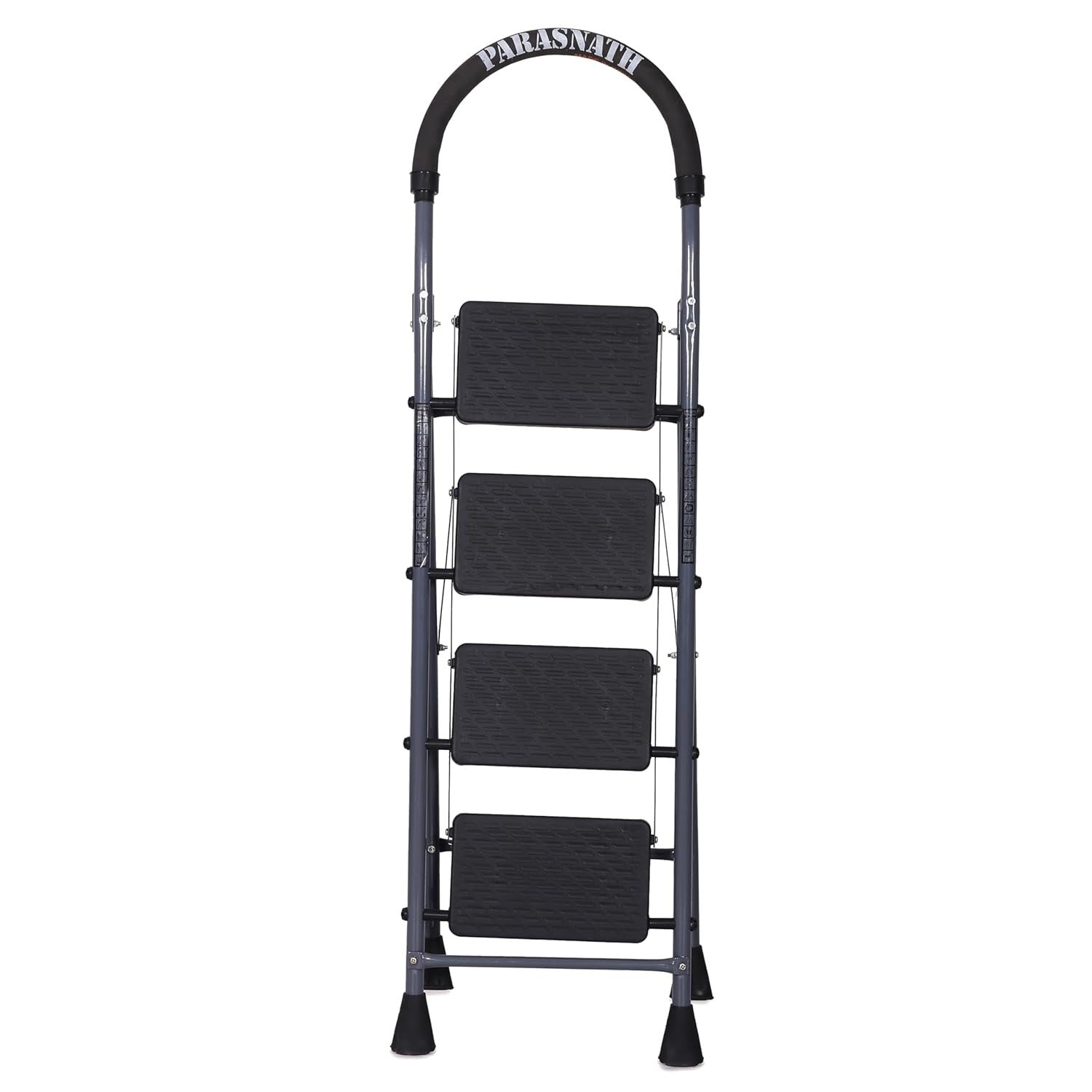 Parasnath GoUp 4 Step Foldable Steel Grey Step Ladder – Heavy-Duty and Lightweight Step Ladder with Anti-Skid Wide Plastic Steps, Safety Handle, High Reach Platform for Home, Kitchen, Office, Warehouse Use - 6 Year Manufacturer Warranty - Made in India - PARASNATH