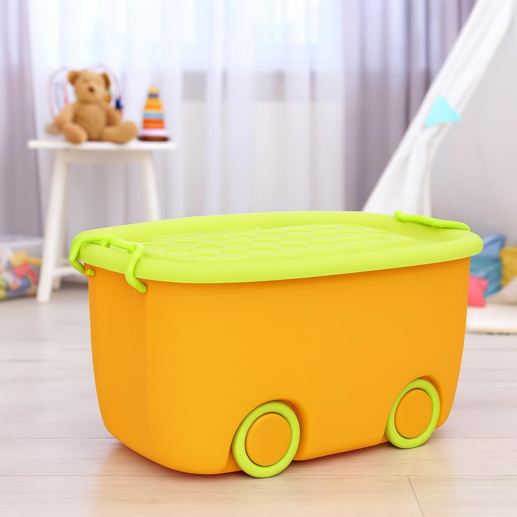 PARASNATH Rolling Storage Container Box (YellowGreen Colour)- 45 Litre Super Large With Wheels Size (59X39X30 cm) - PARASNATH