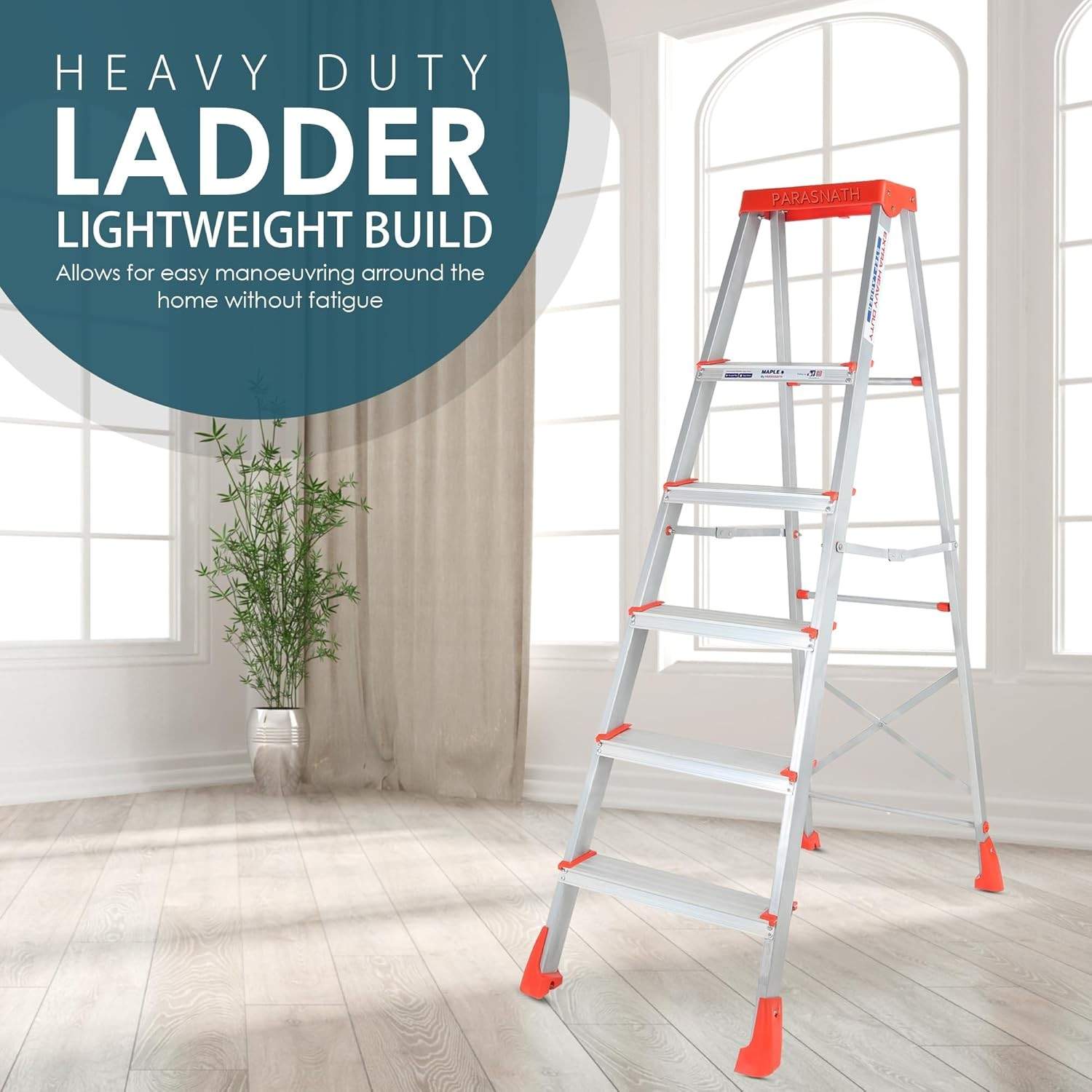 PARASNATH 5 Step EasyDay Folding Ladder – Durable Aluminium Step Ladder with Tool Tray, Non-Slip Steps, Lightweight and Compact for Home, Kitchen, Office Use – 6 Year Warranty – Made in India (Orange & Silver Color) - PARASNATH