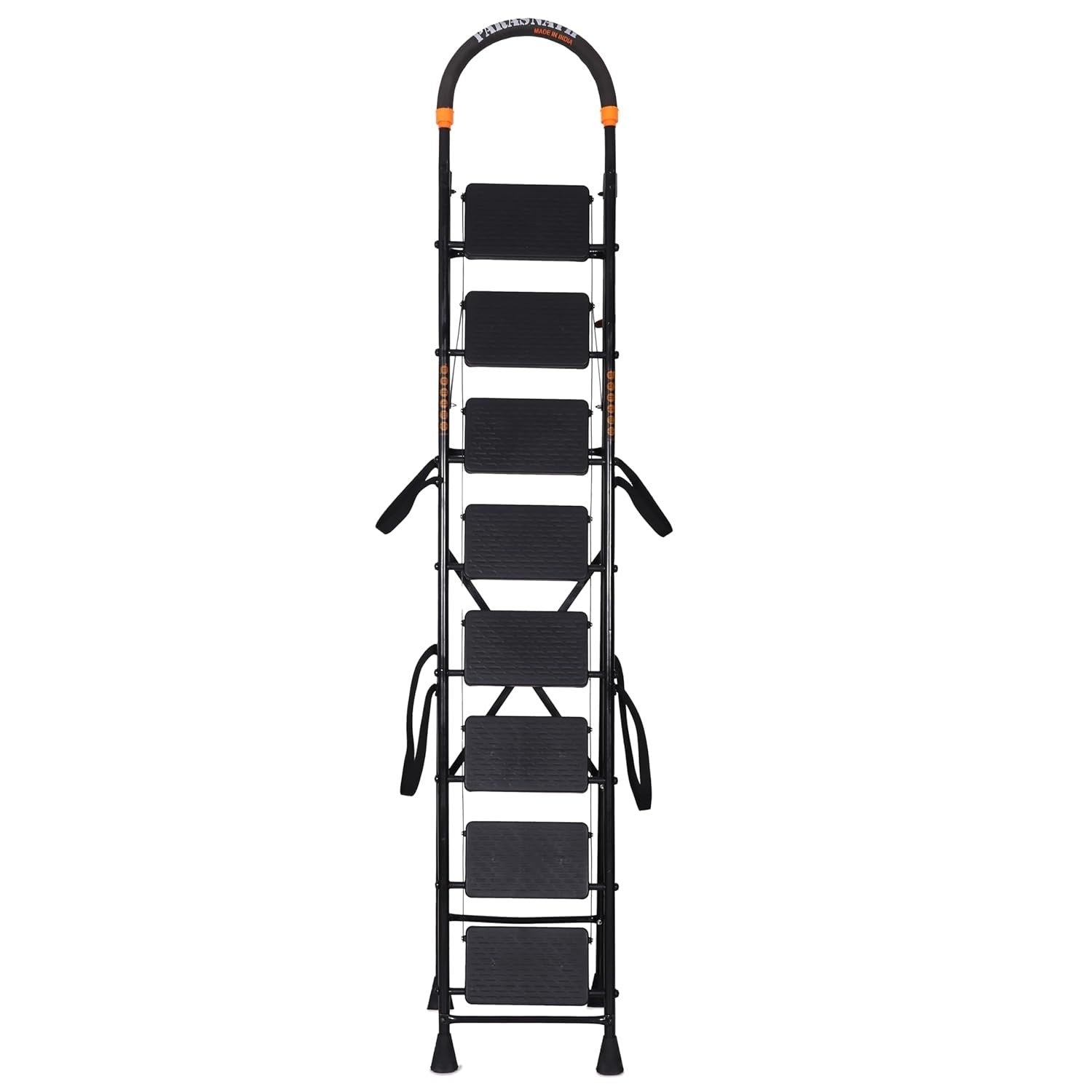Parasnath GoUp 8 Step Foldable Steel Black Step Ladder – Heavy-Duty and Lightweight Step Ladder with Anti-Skid Wide Plastic Steps, Safety Handle, High Reach Platform for Home, Kitchen, Office, Warehouse Use - 6 Year Manufacturer Warranty - Made in India - PARASNATH