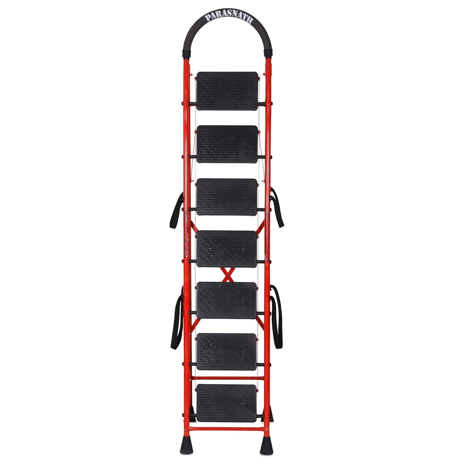 Parasnath GoUp 7 Step Foldable Steel Red Step Ladder – Heavy-Duty and Lightweight Step Ladder with Anti-Skid Wide Plastic Steps, Safety Handle, High Reach Platform for Home, Kitchen, Office, Warehouse Use - 6 Year Manufacturer Warranty - Made in India - PARASNATH