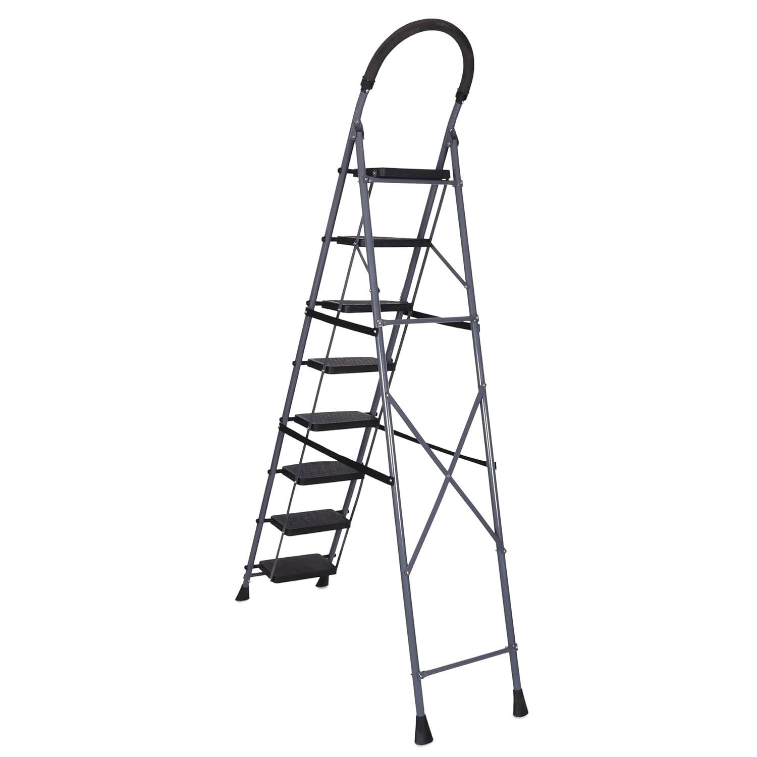 Parasnath GoUp 8 Step Foldable Steel Grey Step Ladder – Heavy-Duty and Lightweight Step Ladder with Anti-Skid Wide Plastic Steps, Safety Handle, High Reach Platform for Home, Kitchen, Office, Warehouse Use - 6 Year Manufacturer Warranty - Made in India - PARASNATH