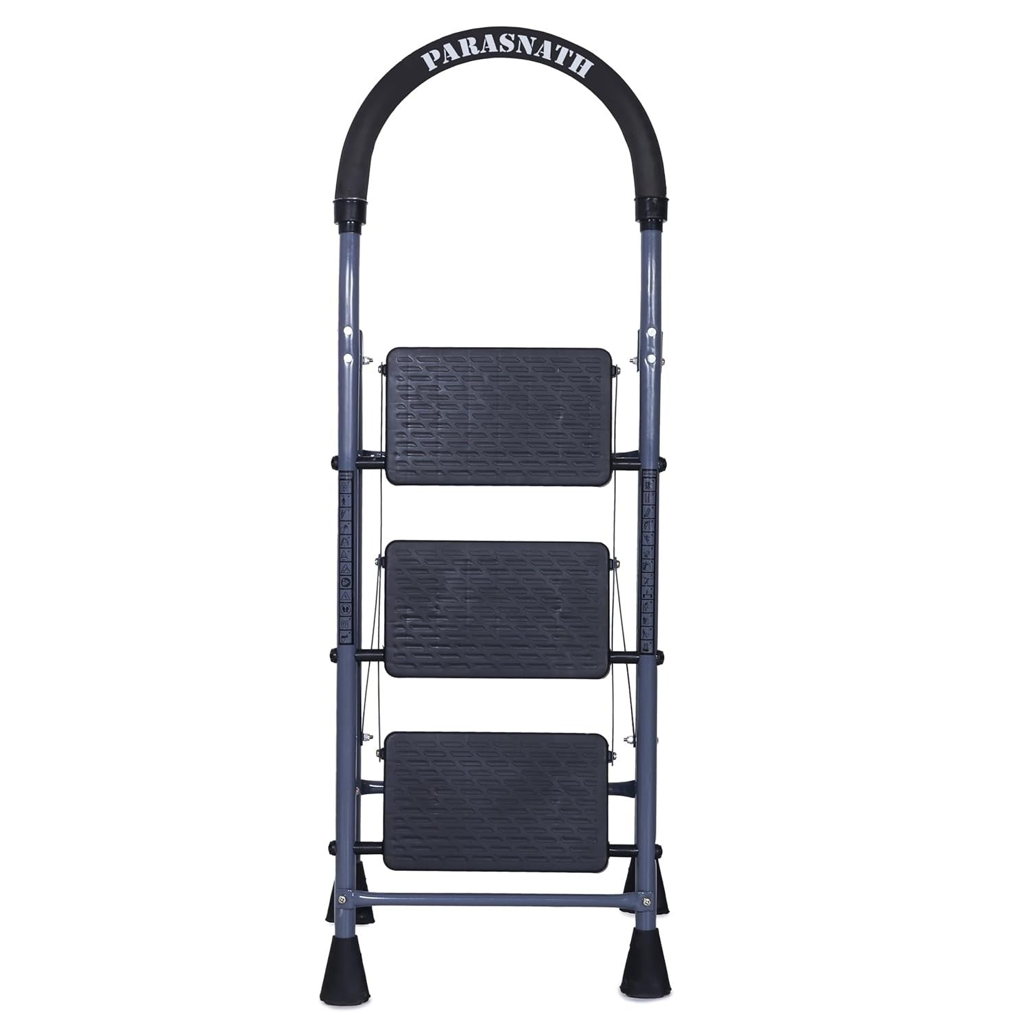 Parasnath GoUp 3 Step Foldable Steel Grey Step Ladder – Heavy-Duty and Lightweight Step Ladder with Anti-Skid Wide Plastic Steps, Safety Handle, High Reach Platform for Home, Kitchen, Office, Warehouse Use - 6 Year Manufacturer Warranty - Made in India - PARASNATH