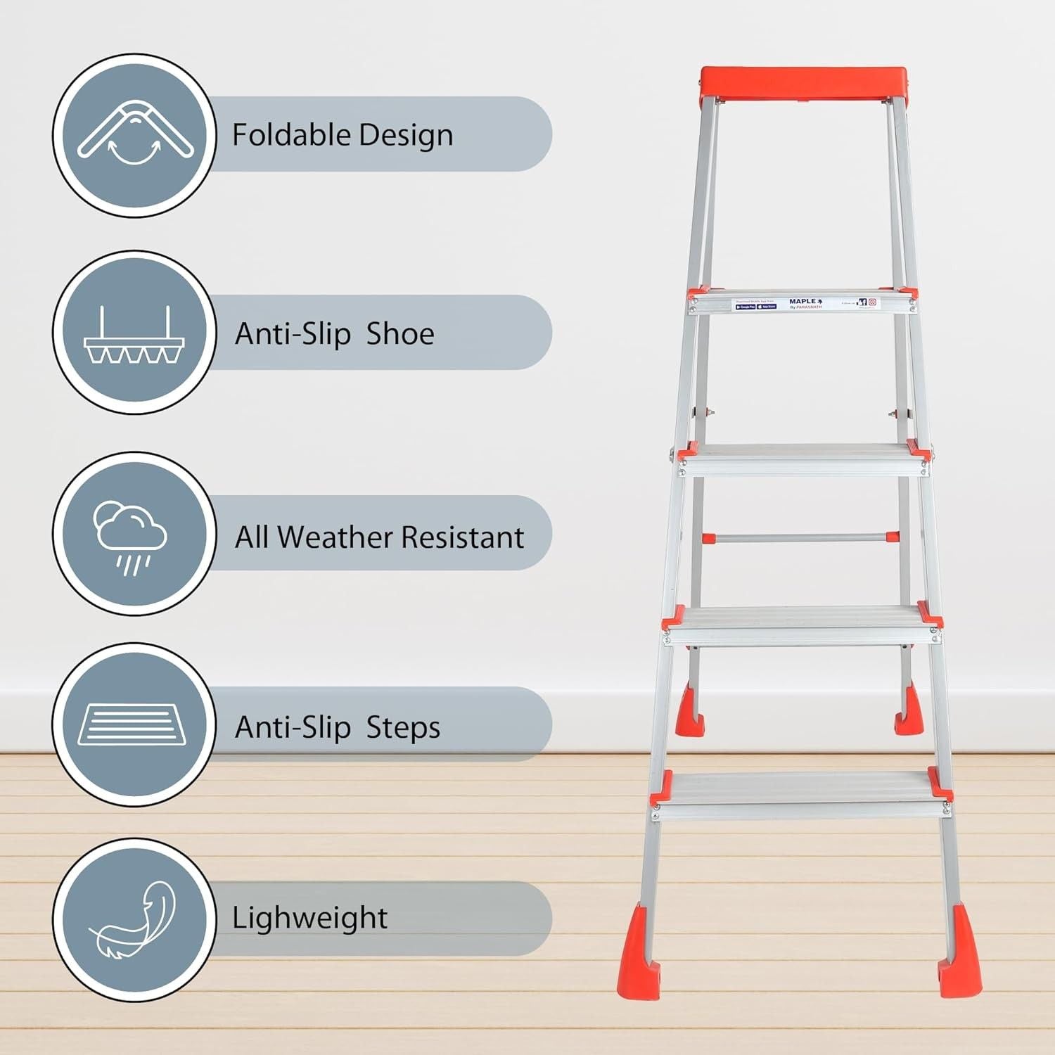 Parasnath 4 Step EasyDay Folding Ladder – Durable Aluminium Step Ladder with Tool Tray, Non-Slip Steps, Lightweight and Compact for Home, Kitchen, Office Use – 6 Year Warranty – Made in India (Orange & Silver Color) - PARASNATH