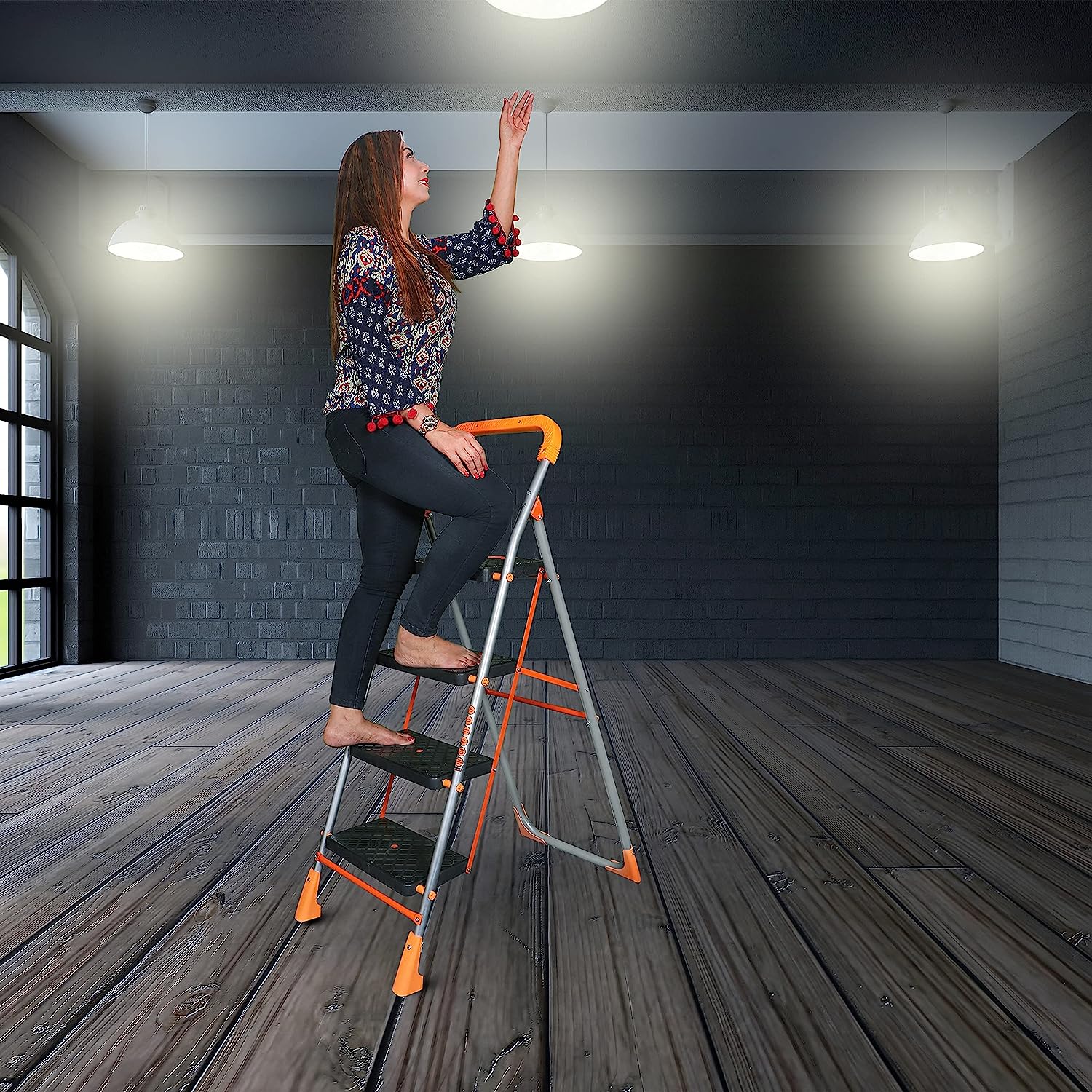 Parasnath 4 Step Orange Diamond Folding Ladder with Wide Steps 4 Steps 4.2 FT Ladder - Made in India - PARASNATH