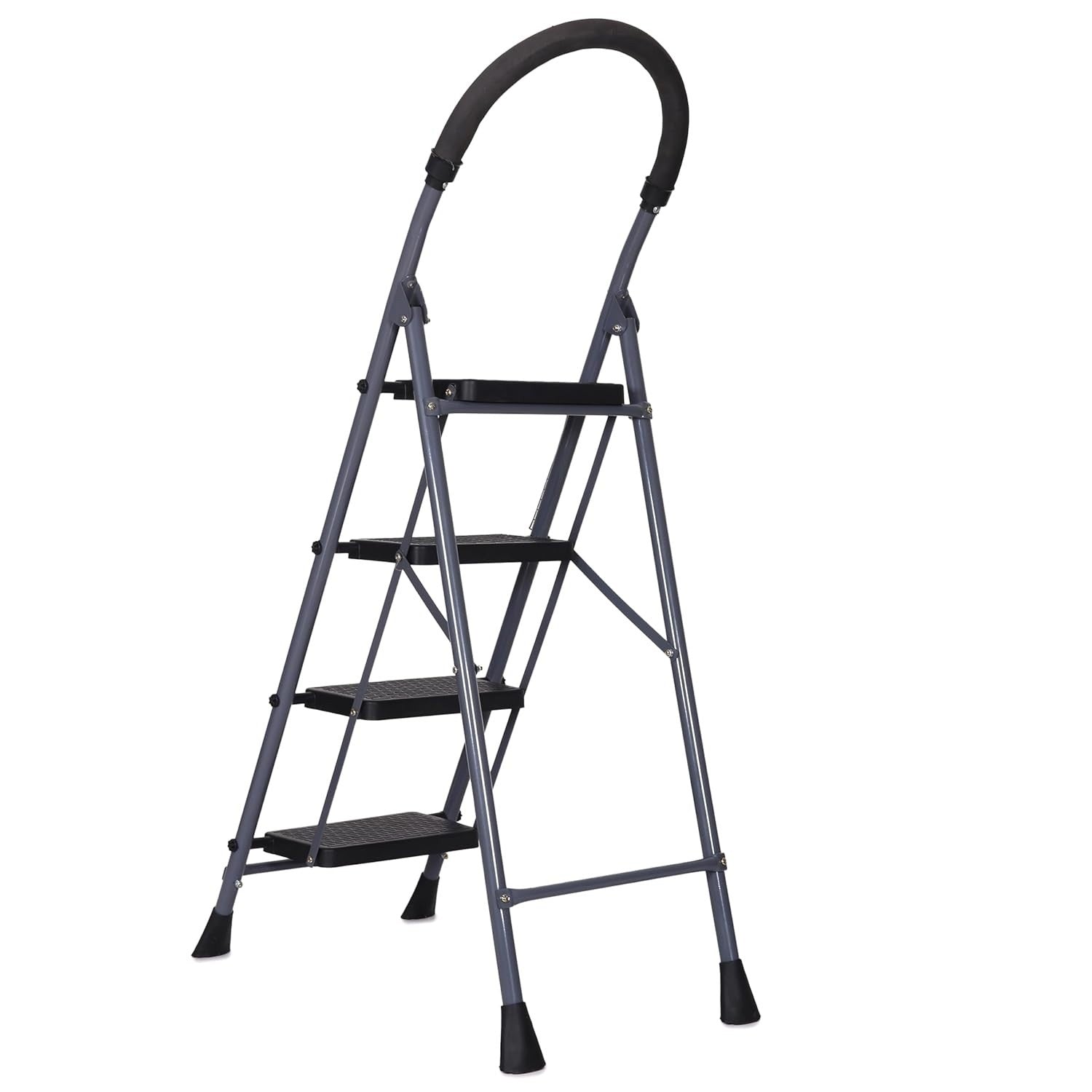 Parasnath GoUp 4 Step Foldable Steel Grey Step Ladder – Heavy-Duty and Lightweight Step Ladder with Anti-Skid Wide Plastic Steps, Safety Handle, High Reach Platform for Home, Kitchen, Office, Warehouse Use - 6 Year Manufacturer Warranty - Made in India - PARASNATH