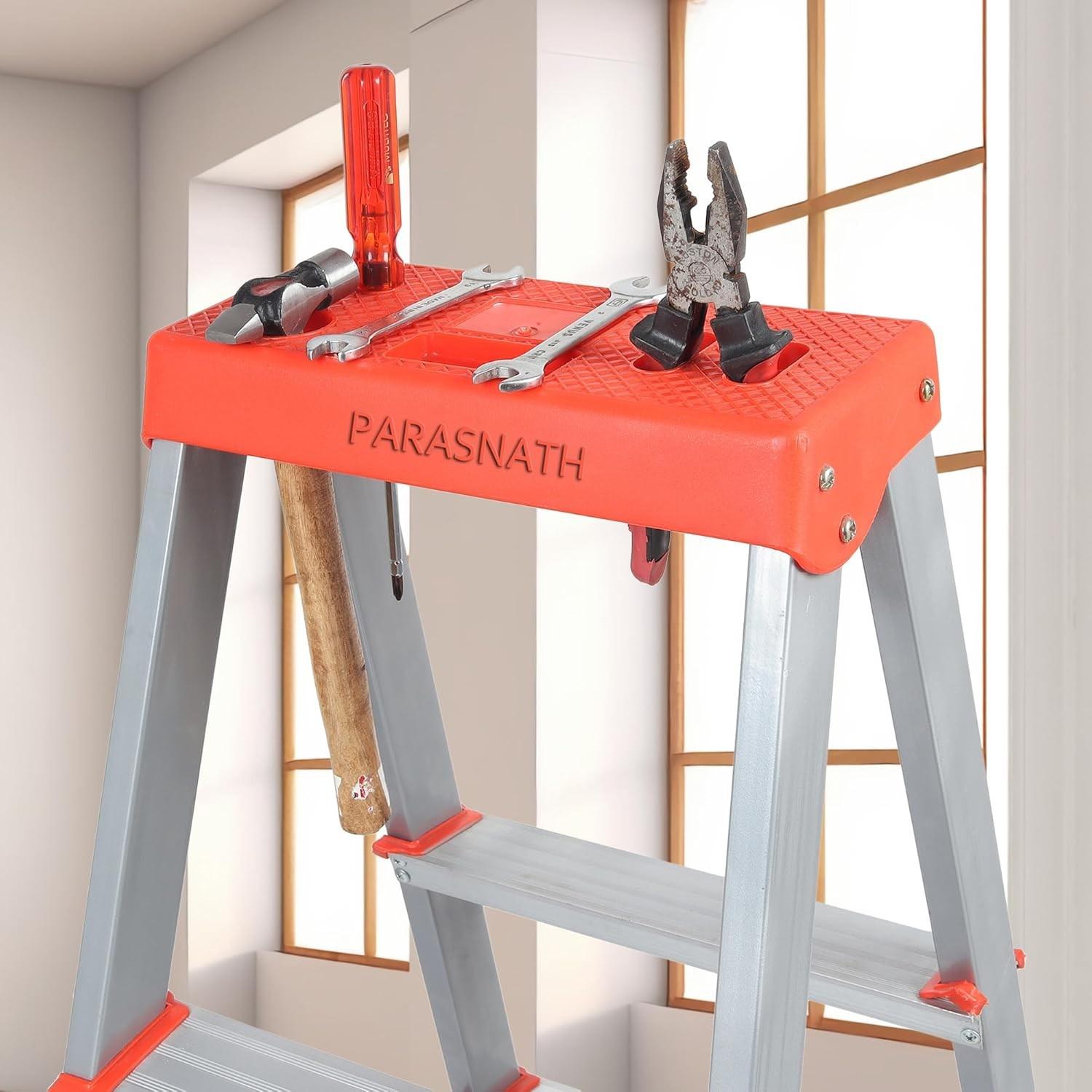 PARASNATH 5 Step EasyDay Folding Ladder – Durable Aluminium Step Ladder with Tool Tray, Non-Slip Steps, Lightweight and Compact for Home, Kitchen, Office Use – 6 Year Warranty – Made in India (Orange & Silver Color) - PARASNATH