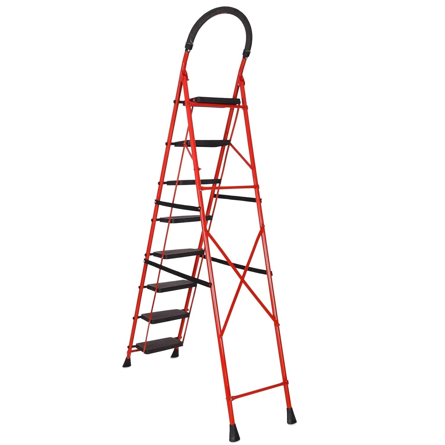 Parasnath GoUp 8 Step Foldable Steel Red Step Ladder – Heavy-Duty and Lightweight Step Ladder with Anti-Skid Wide Plastic Steps, Safety Handle, High Reach Platform for Home, Kitchen, Office, Warehouse Use - 6 Year Manufacturer Warranty - Made in India - PARASNATH