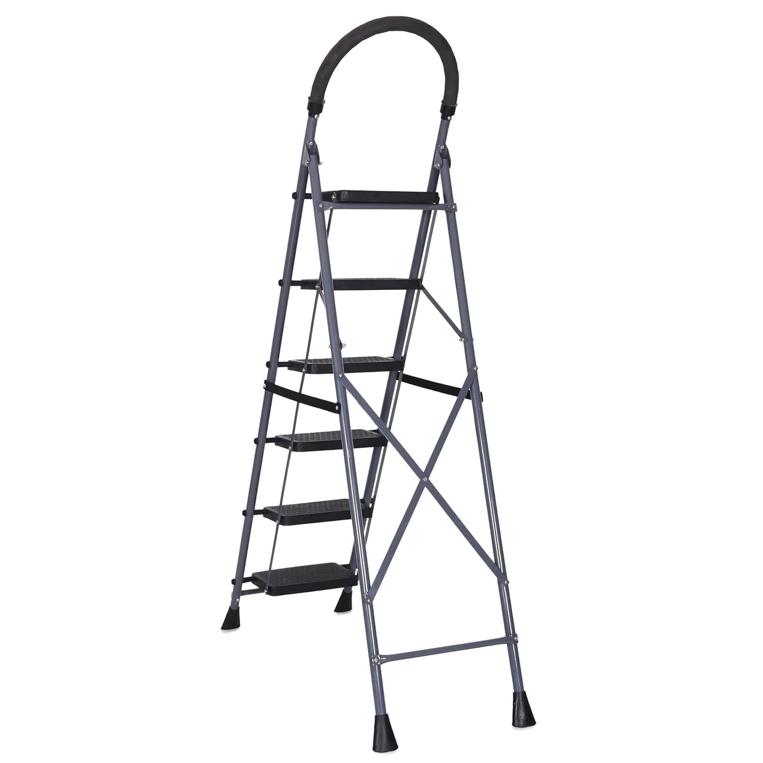Parasnath GoUp 6 Step Foldable Steel Grey Step Ladder – Heavy-Duty and Lightweight Step Ladder with Anti-Skid Wide Plastic Steps, Safety Handle, High Reach Platform for Home, Kitchen, Office, Warehouse Use - 6 Year Manufacturer Warranty - Made in India - PARASNATH