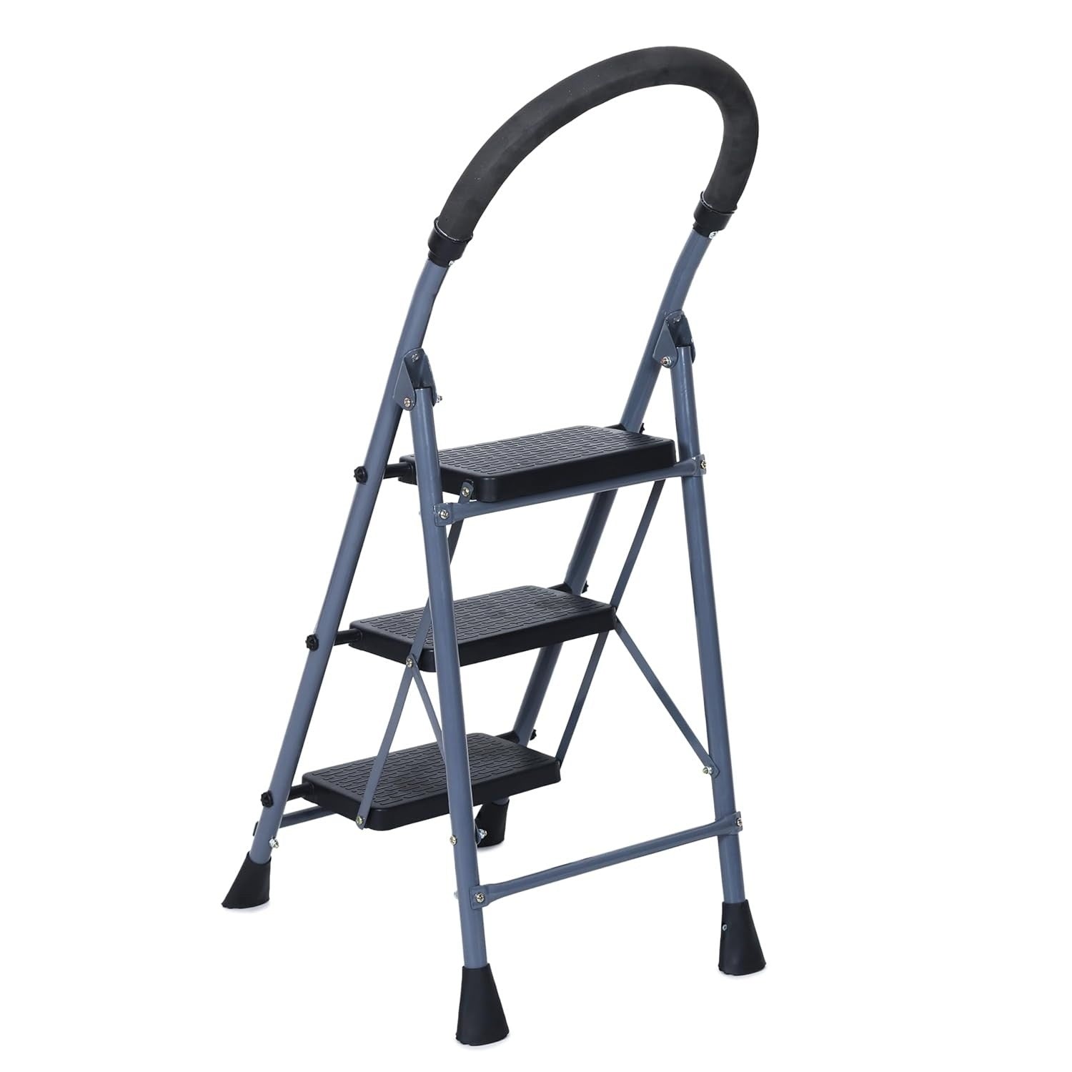 Parasnath GoUp 3 Step Foldable Steel Grey Step Ladder – Heavy-Duty and Lightweight Step Ladder with Anti-Skid Wide Plastic Steps, Safety Handle, High Reach Platform for Home, Kitchen, Office, Warehouse Use - 6 Year Manufacturer Warranty - Made in India - PARASNATH