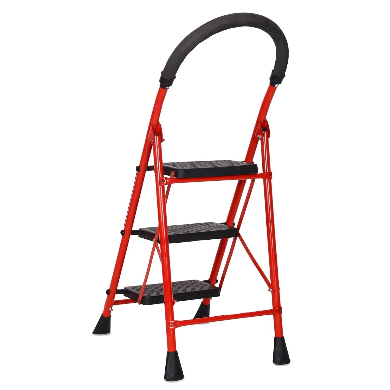 Parasnath GoUp 3 Step Foldable Steel Red Step Ladder – Heavy-Duty and Lightweight Step Ladder with Anti-Skid Wide Plastic Steps, Safety Handle, High Reach Platform for Home, Kitchen, Office, Warehouse Use - 6 Year Manufacturer Warranty - Made in India - PARASNATH