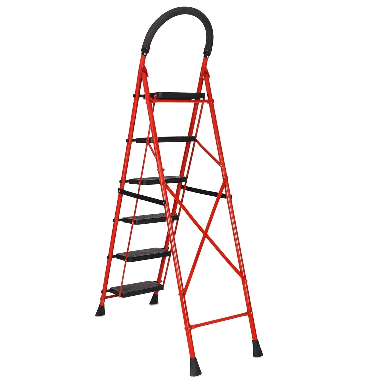 Parasnath GoUp 6 Step Foldable Steel Red Step Ladder – Heavy-Duty and Lightweight Step Ladder with Anti-Skid Wide Plastic Steps, Safety Handle, High Reach Platform for Home, Kitchen, Office, Warehouse Use - 6 Year Manufacturer Warranty - Made in India - PARASNATH