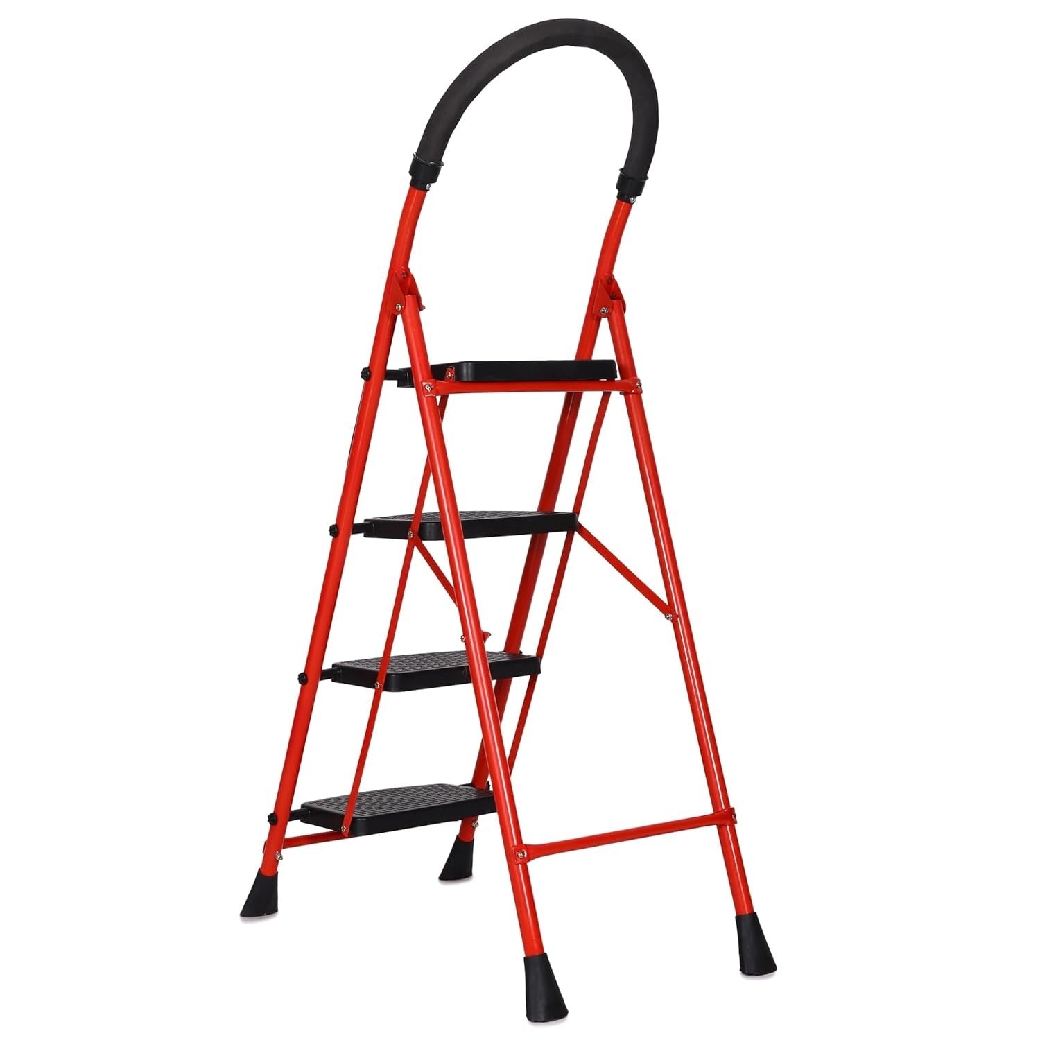 Parasnath GoUp 4 Step Foldable Steel Red Step Ladder – Heavy-Duty and Lightweight Step Ladder with Anti-Skid Wide Plastic Steps, Safety Handle, High Reach Platform for Home, Kitchen, Office, Warehouse Use - 6 Year Manufacturer Warranty - Made in India - PARASNATH