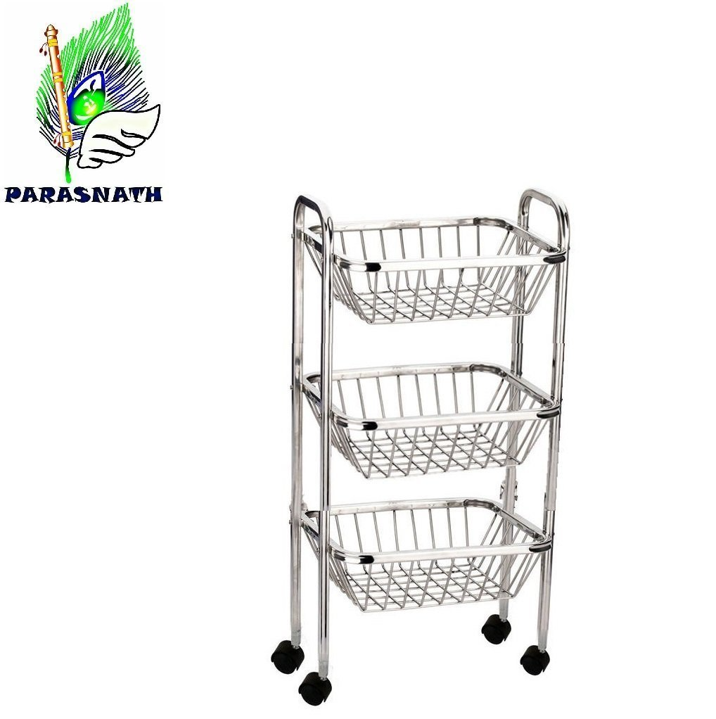 Parasnath Mirror Finish 3 Shelf Square Vegetable and Fruit Trolley, 3 Stand- 28 inch - PARASNATH