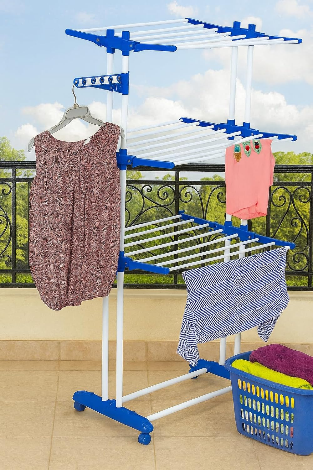 PARASNATH Prime Stainless Steel 2 Poll Clothes Drying Stand With Breaking Wheel System- Blue - PARASNATH