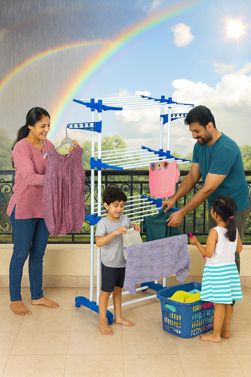 PARASNATH Prime Stainless Steel 2 Poll Clothes Drying Stand With Breaking Wheel System- Blue - PARASNATH