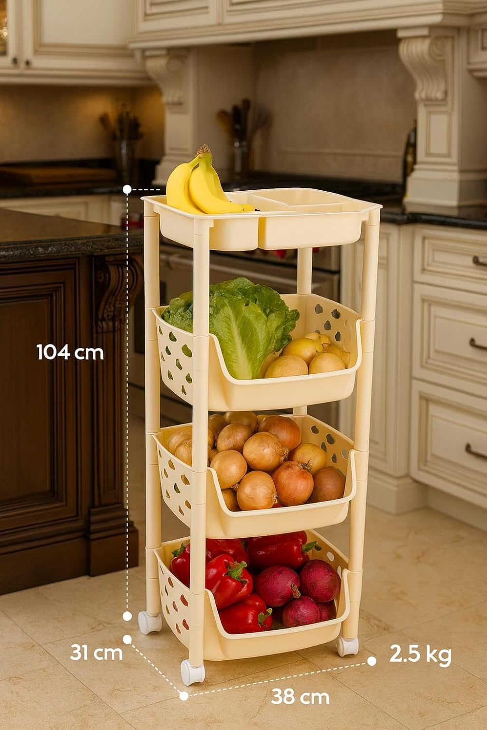 PARASNATH SKEP 3+1 Layer Fruit & Vegetable Basket Trolley Included 1 Dish Box Tray (Ivory Colour) for Home and Kitchen Fruit Basket Storage Rack Organizer Holders kitchen trolley - Made In India - PARASNATH
