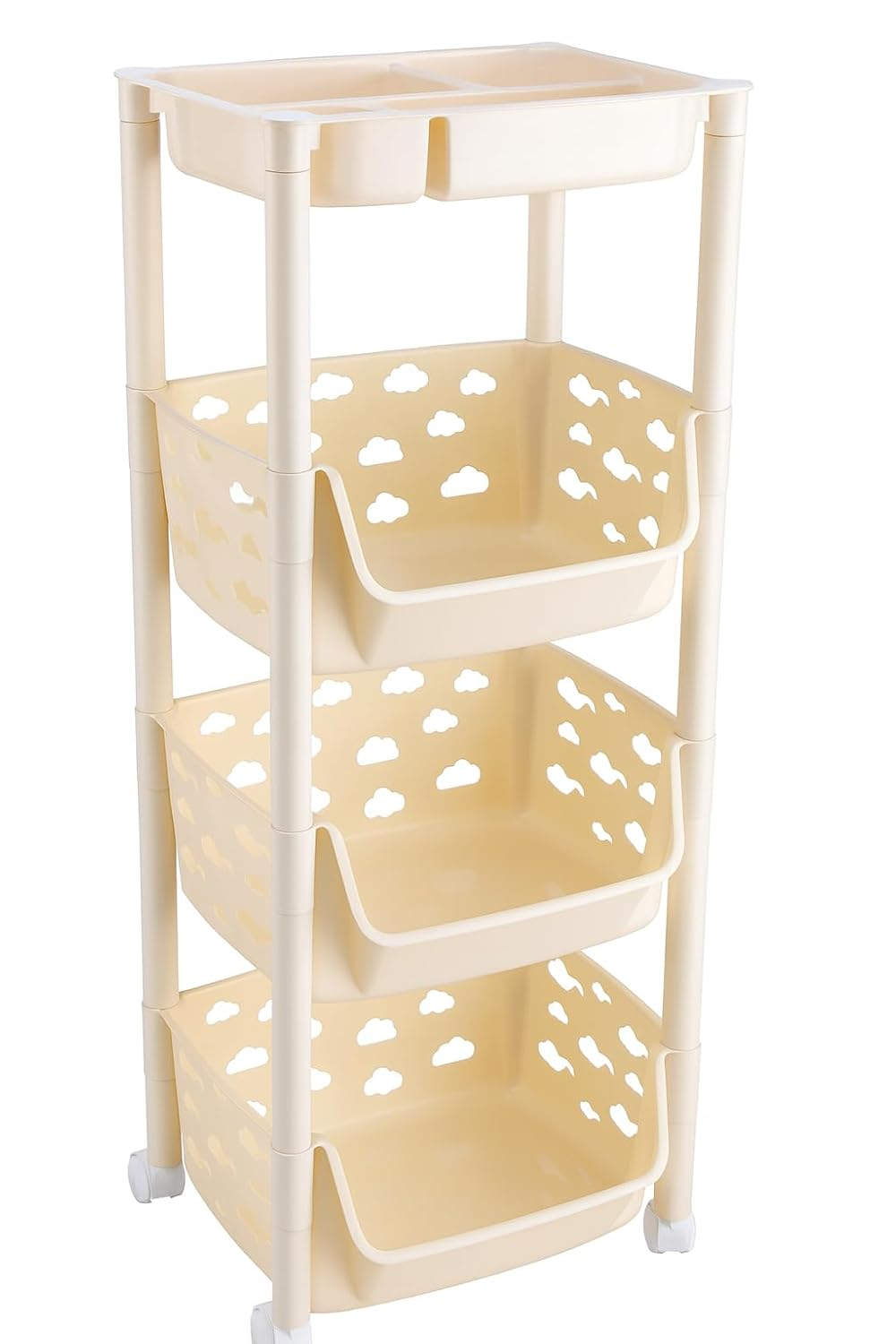 PARASNATH SKEP 3+1 Layer Fruit & Vegetable Basket Trolley Included 1 Dish Box Tray (Ivory Colour) for Home and Kitchen Fruit Basket Storage Rack Organizer Holders kitchen trolley - Made In India - PARASNATH