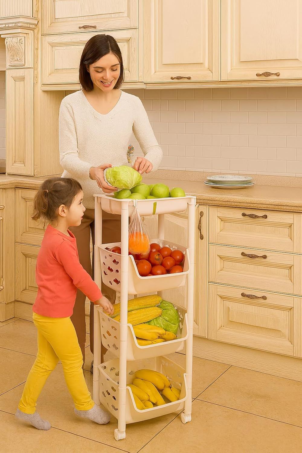 PARASNATH SKEP 3+1 Layer Fruit & Vegetable Basket Trolley Included 1 Dish Box Tray (Ivory Colour) for Home and Kitchen Fruit Basket Storage Rack Organizer Holders kitchen trolley - Made In India - PARASNATH