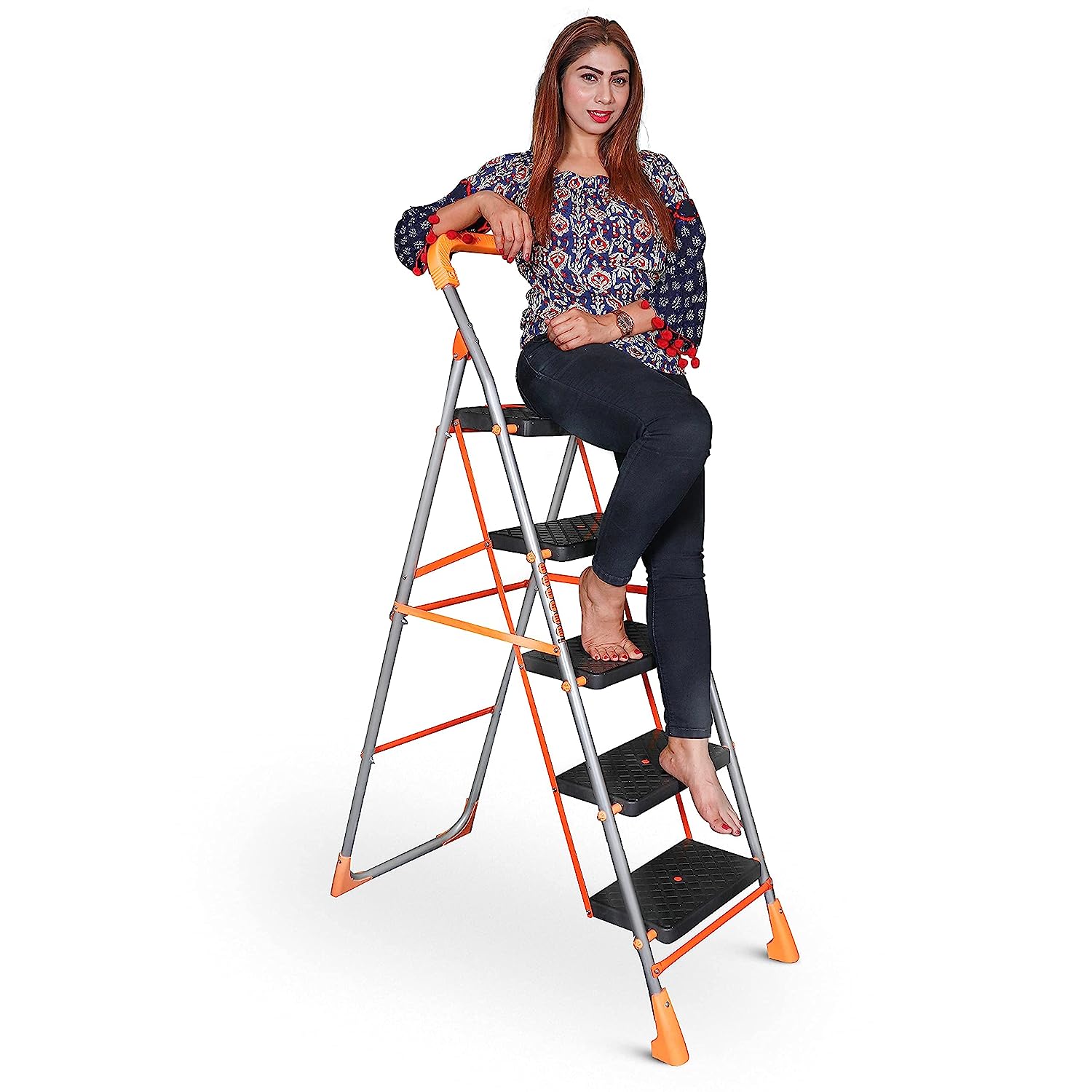 Parasnath Orange Diamond Folding Ladder with Wide Steps 5 Steps 5.1 FT Ladder - Made in India - PARASNATH