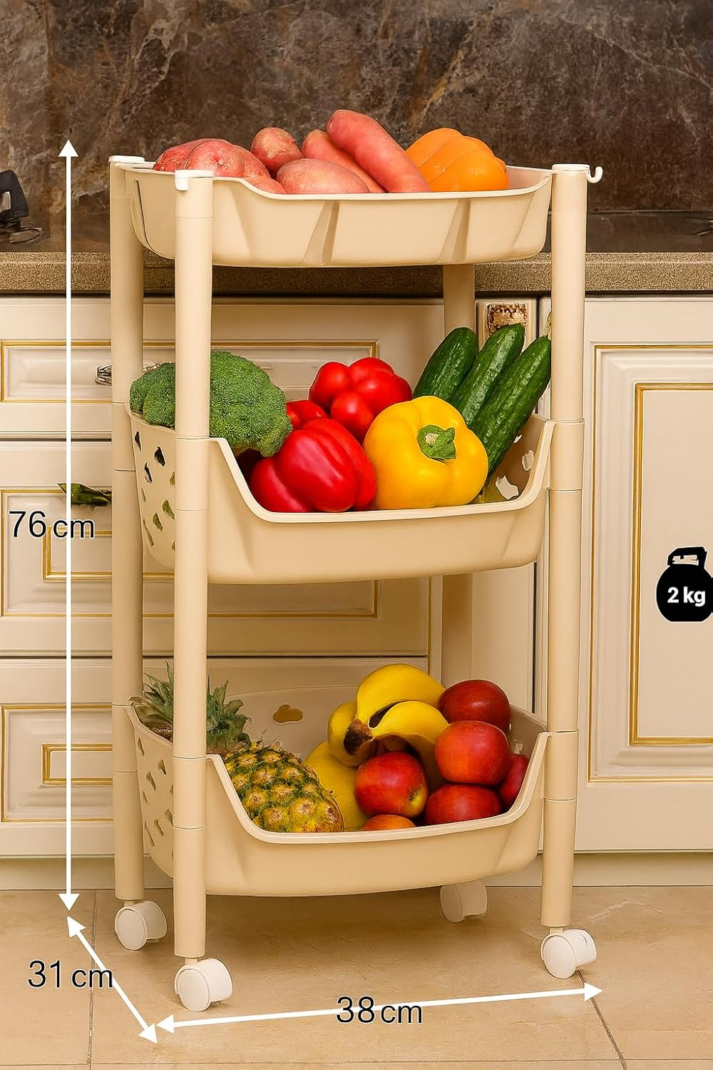 PARASNATH SKEP 2+1 Layer Fruit & Vegetable Basket Trolley Included 1 Dish Box Tray (Ivory Colour) for Home and Kitchen Fruit Basket Storage Rack Organizer Holders kitchen trolley - Made In India - PARASNATH
