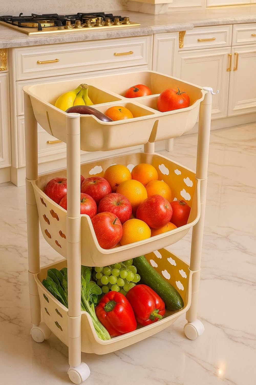 PARASNATH SKEP 2+1 Layer Fruit & Vegetable Basket Trolley Included 1 Dish Box Tray (Ivory Colour) for Home and Kitchen Fruit Basket Storage Rack Organizer Holders kitchen trolley - Made In India - PARASNATH