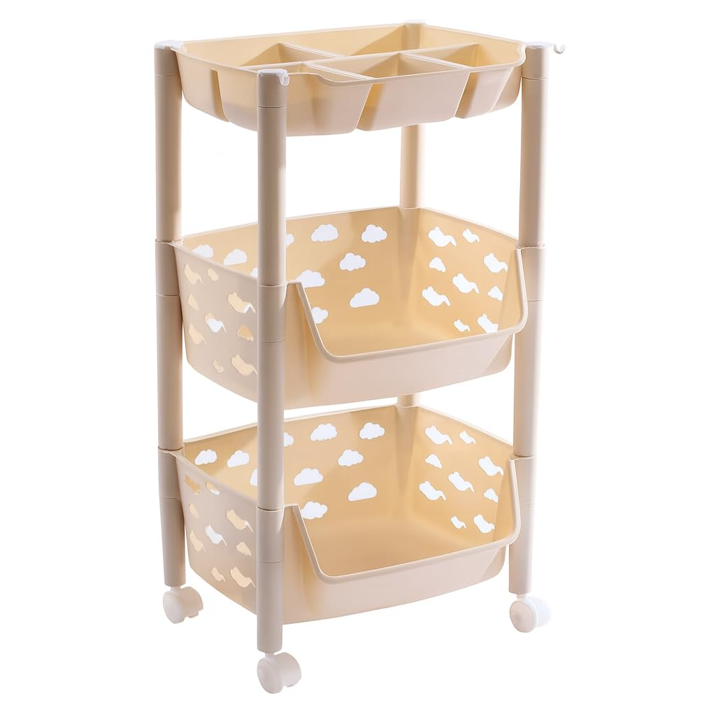 PARASNATH SKEP 2+1 Layer Fruit & Vegetable Basket Trolley Included 1 Dish Box Tray (Ivory Colour) for Home and Kitchen Fruit Basket Storage Rack Organizer Holders kitchen trolley - Made In India - PARASNATH
