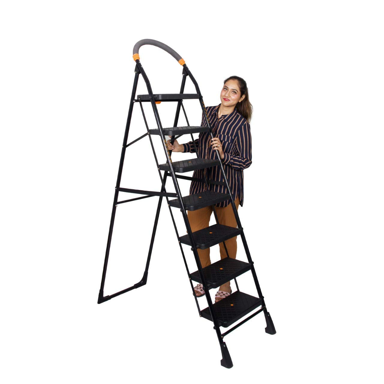 Parasnath 7-Step Black Diamond Folding Ladder with wide anti-slip steps, sturdy steel