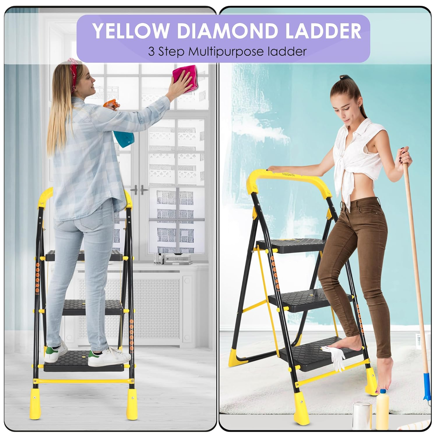 Parasnath 3 Step Yellow Diamond Mild Steel Foldable Ladder for Home - Wide Anti Skid Plastic Step Ladder for Extra Gripping (Yellow &amp; Black Colour) 3.3 FT Ladder - Made in India - PARASNATH
