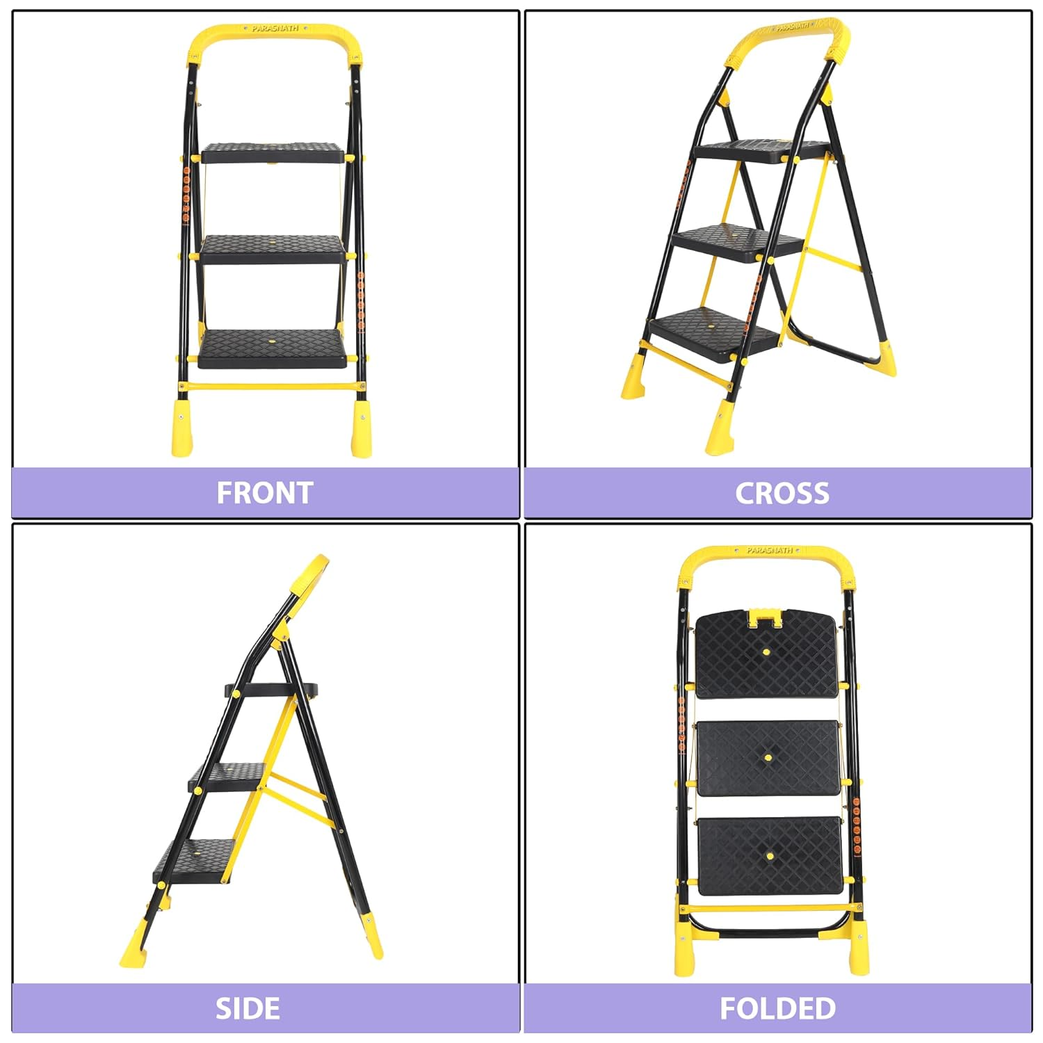 Parasnath 3 Step Yellow Diamond Mild Steel Foldable Ladder for Home - Wide Anti Skid Plastic Step Ladder for Extra Gripping (Yellow &amp; Black Colour) 3.3 FT Ladder - Made in India - PARASNATH