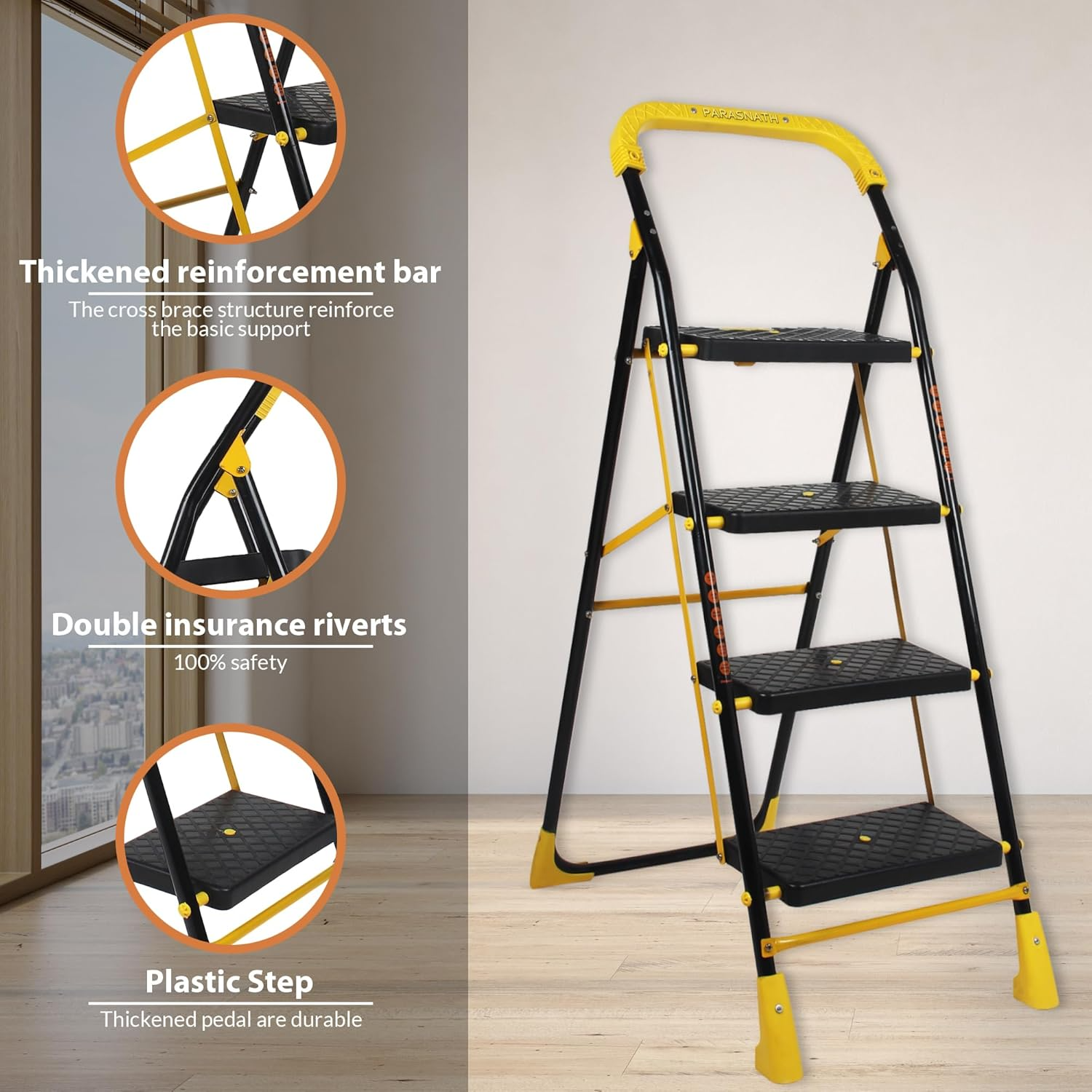 Parasnath 4 Step Yellow Diamond Mild Steel Foldable Ladder for Home - Wide Anti Skid Plastic Step Ladder for Extra Gripping 4.2 FT Ladder - Made in India - PARASNATH