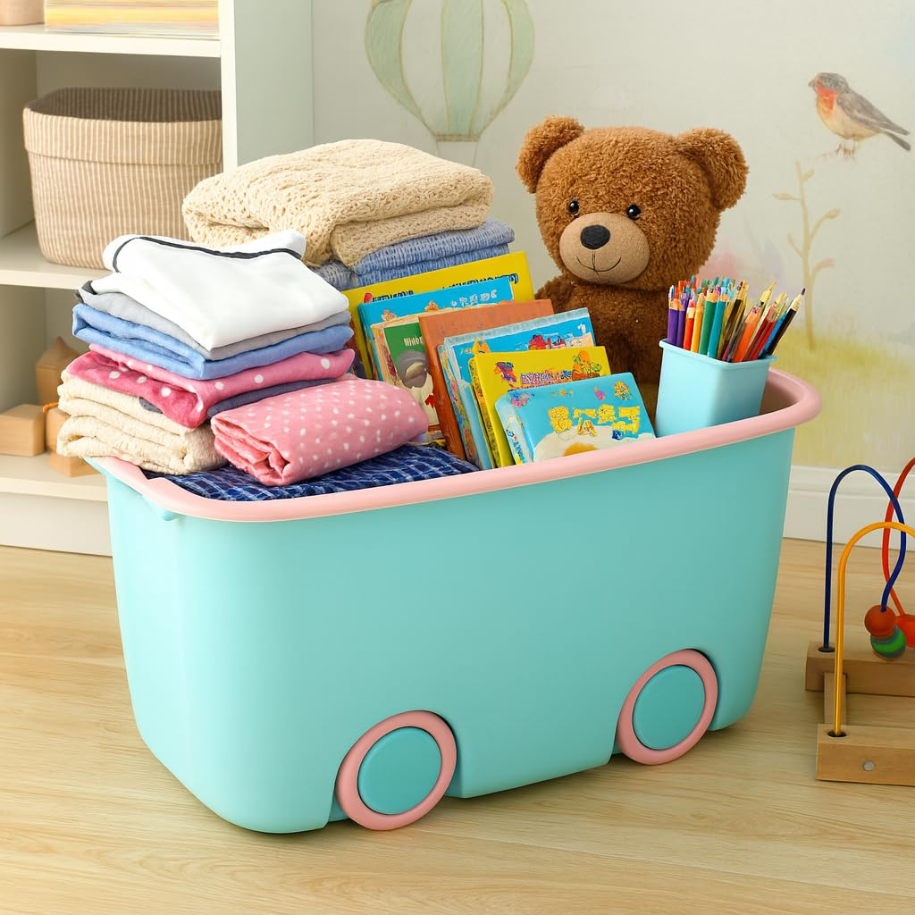 PARASNATH Rolling Storage Container Box (BluePink Colour)- 45 Litre Super Large With Wheels Size (59X39X30 cm) - PARASNATH