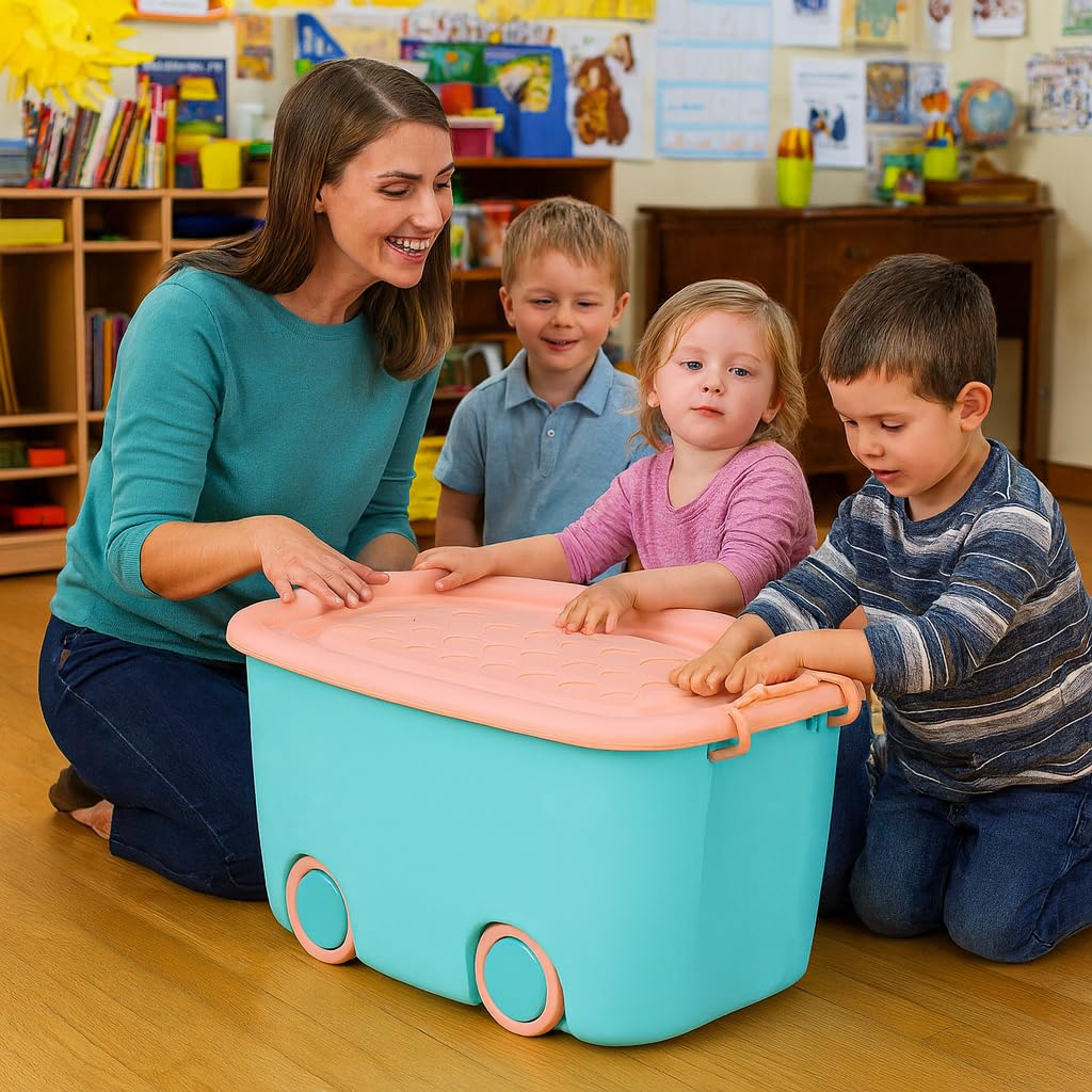 PARASNATH Rolling Storage Container Box (BluePink Colour)- 45 Litre Super Large With Wheels Size (59X39X30 cm) - PARASNATH