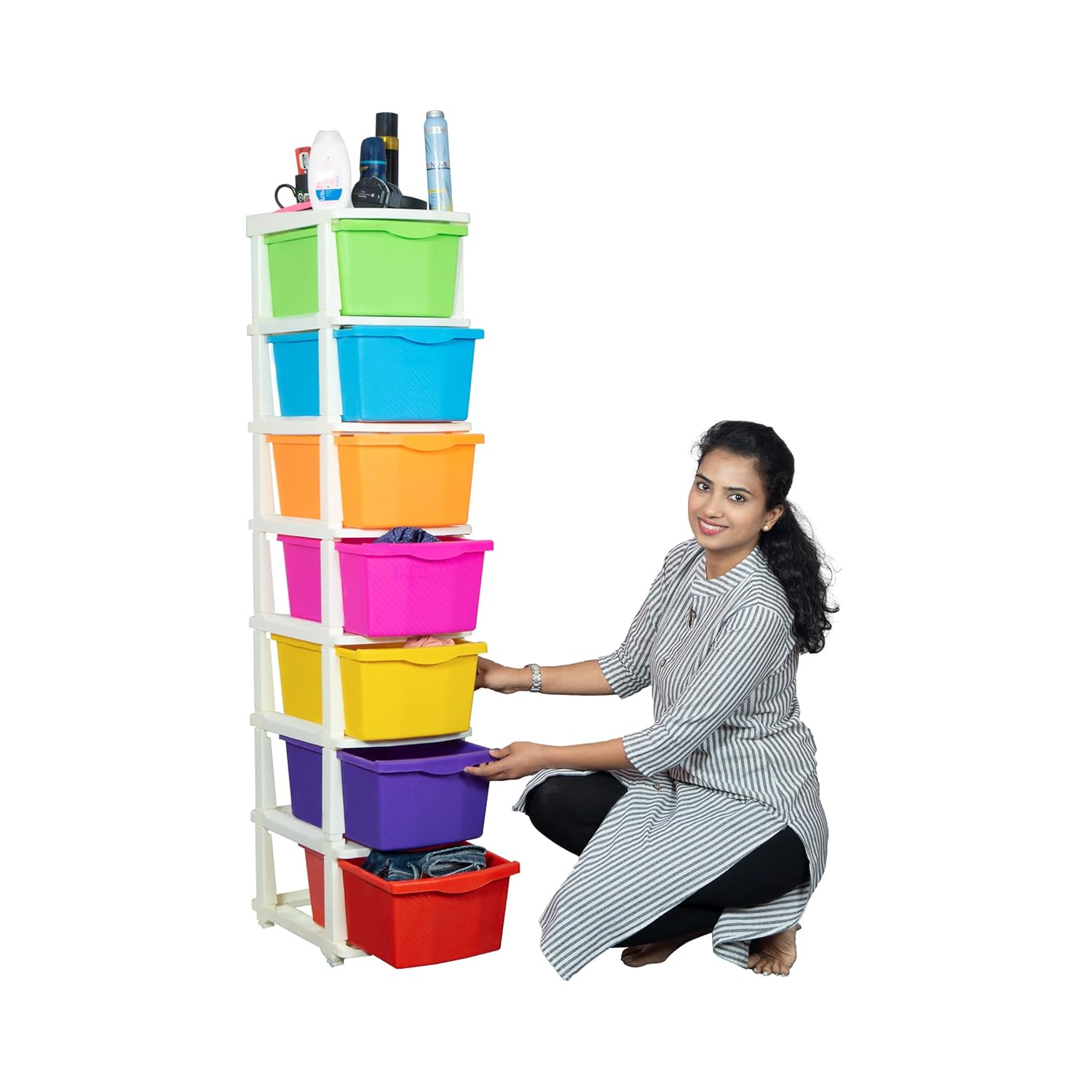 PARASNATH Boxo 7 Layer (Multicolour) Multi-Purpose Modular Drawer Storage System for Home and Office with Trolley Wheels and Anti-Slip Shoes - PARASNATH
