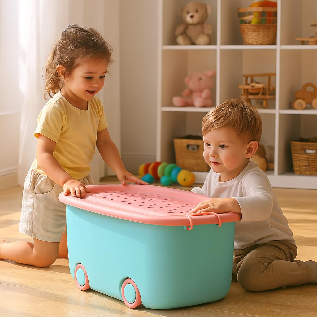 PARASNATH Rolling Storage Container Box (BluePink Colour)- 25 Litre Large With Wheels Size (50X33X26 cm) - PARASNATH