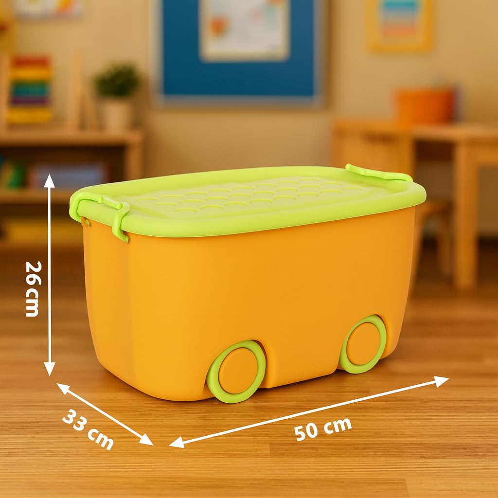 PARASNATH Rolling Storage Container Box (YellowGreen Colour)- 25 Litre Large With Wheels Size (50X33X26 cm) - PARASNATH